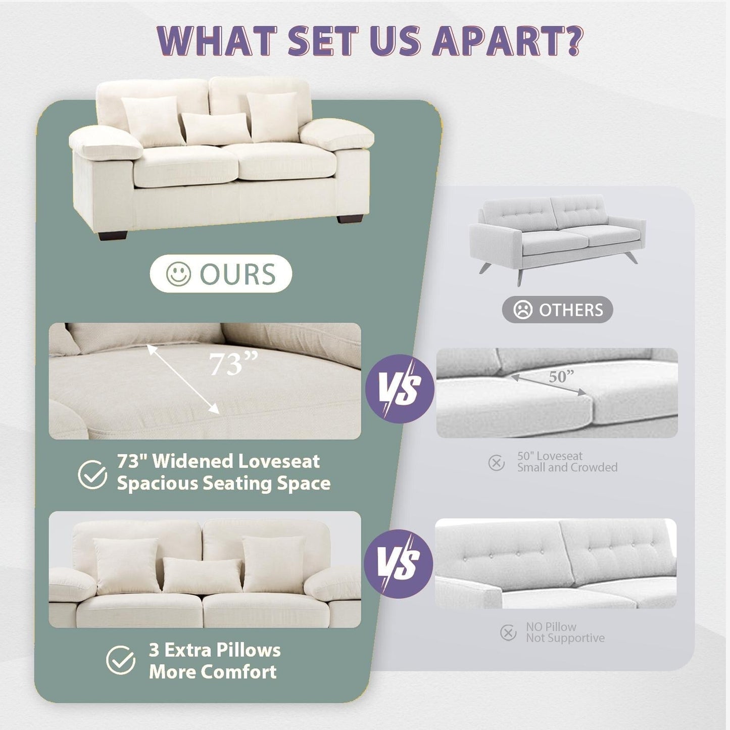Plush Chenille Loveseat 73 - Includes Bonus 3 Pillows & Removable Back Cushion - Living Room 2-Seater Sofa