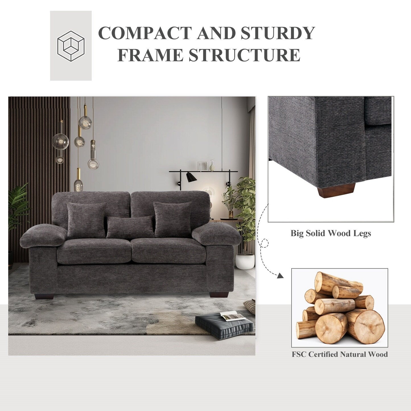 Plush Chenille Loveseat 73 - Includes Bonus 3 Pillows & Removable Back Cushion - Living Room 2-Seater Sofa