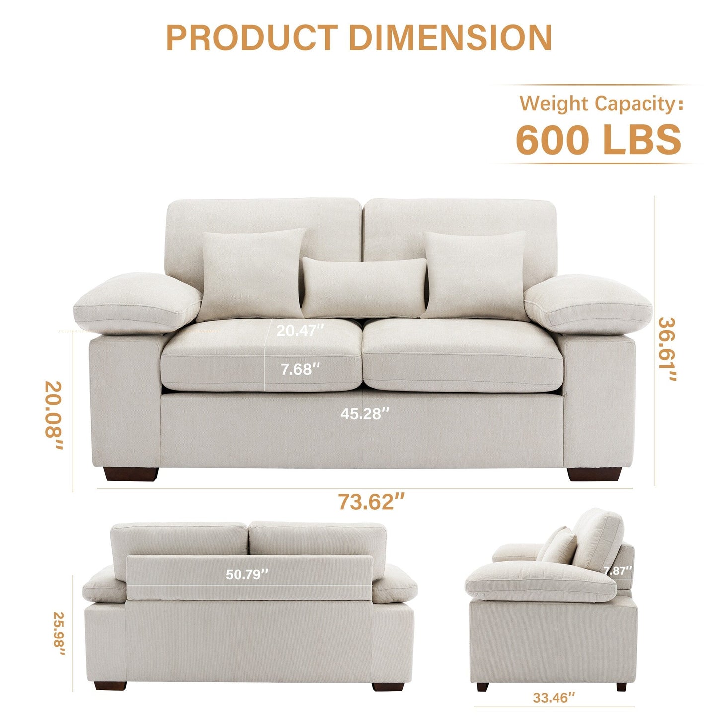 Plush Chenille Loveseat 73 - Includes Bonus 3 Pillows & Removable Back Cushion - Living Room 2-Seater Sofa