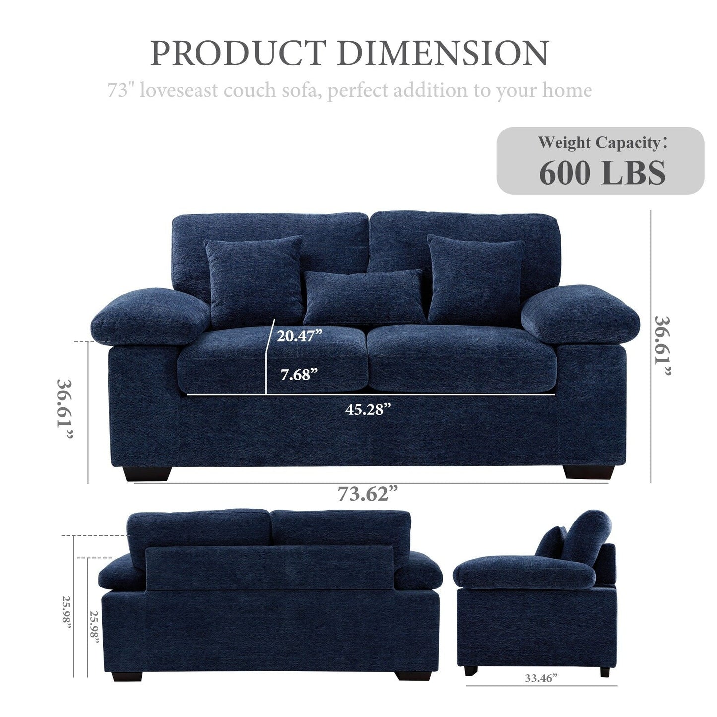 Plush Chenille Loveseat 73 - Includes Bonus 3 Pillows & Removable Back Cushion - Living Room 2-Seater Sofa
