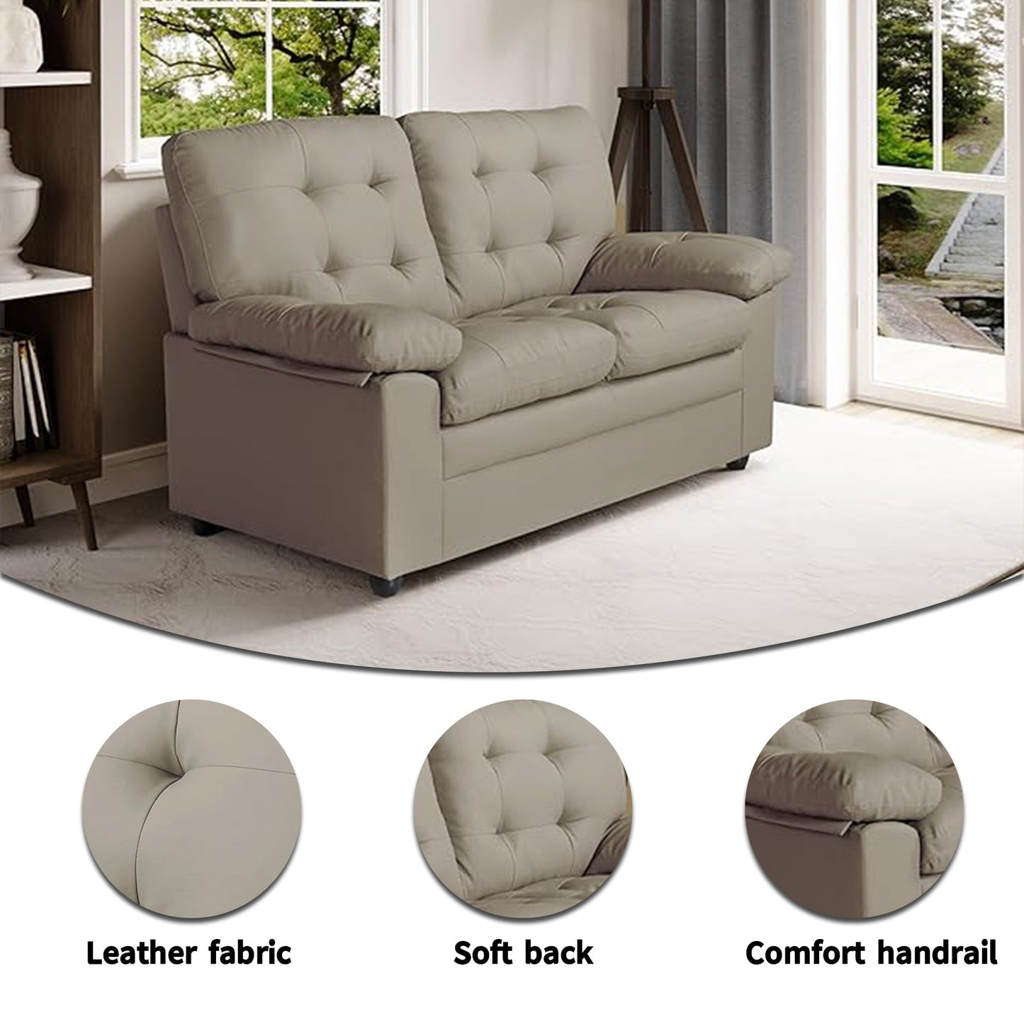 Plush Upholstered Loveseat with Faux Leather, Tufted Back, and Padded Arms - Cozy Seating for Living Room or Family Room.