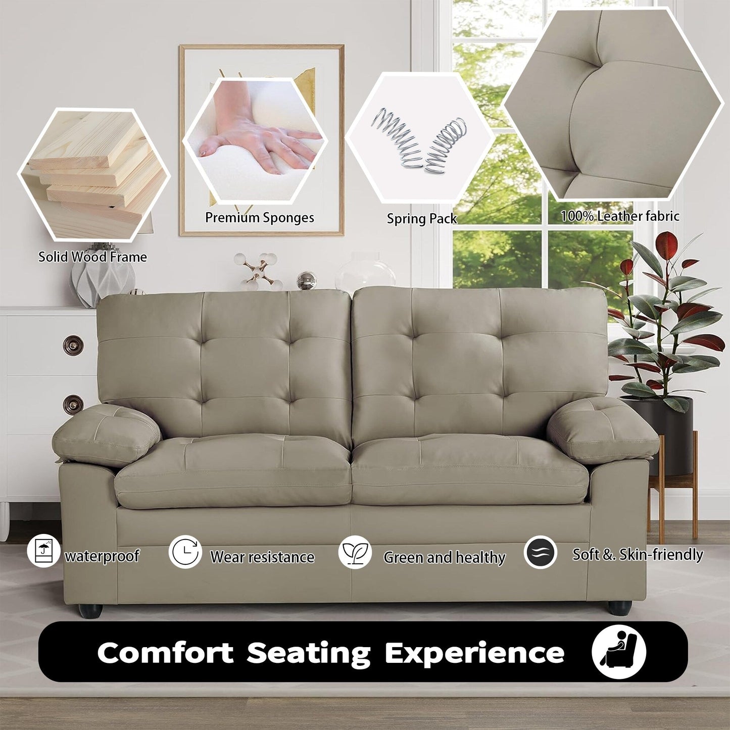 Plush Upholstered Loveseat with Faux Leather, Tufted Back, and Padded Arms - Cozy Seating for Living Room or Family Room.