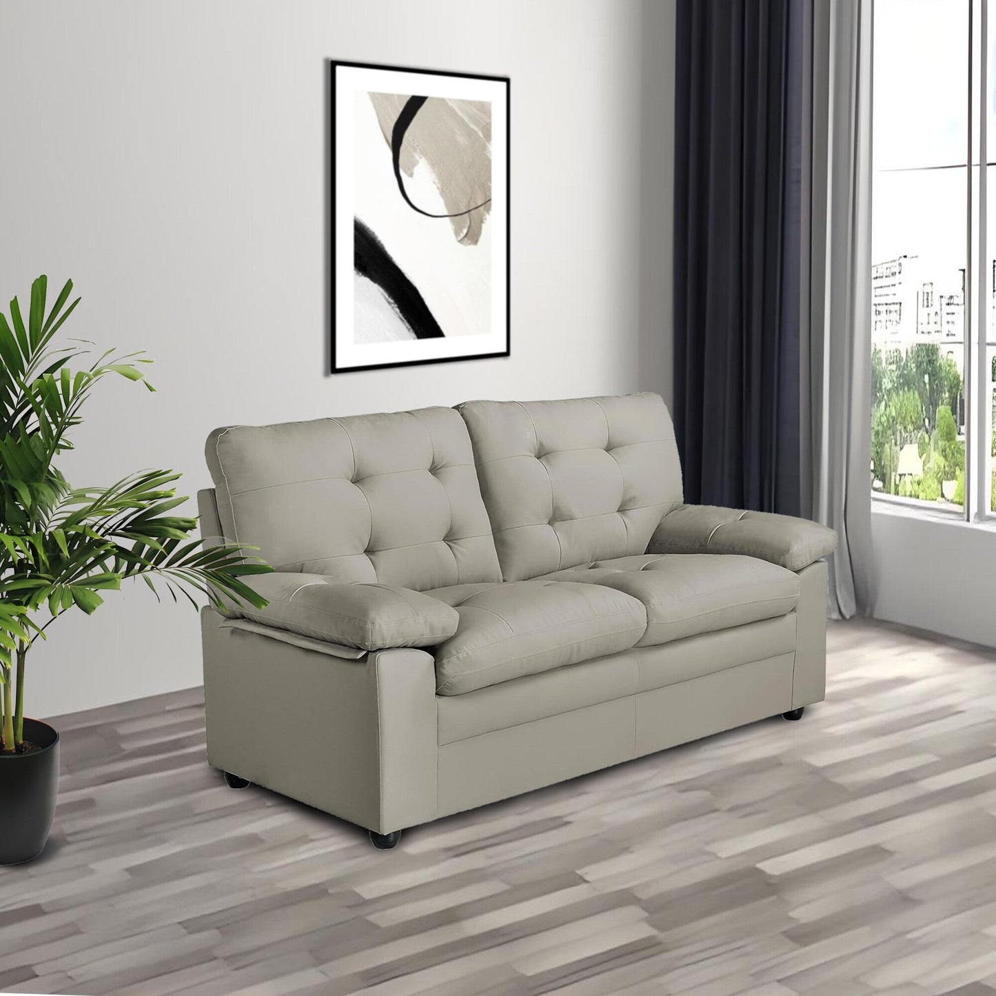 Plush Upholstered Loveseat with Faux Leather, Tufted Back, and Padded Arms - Cozy Seating for Living Room or Family Room.