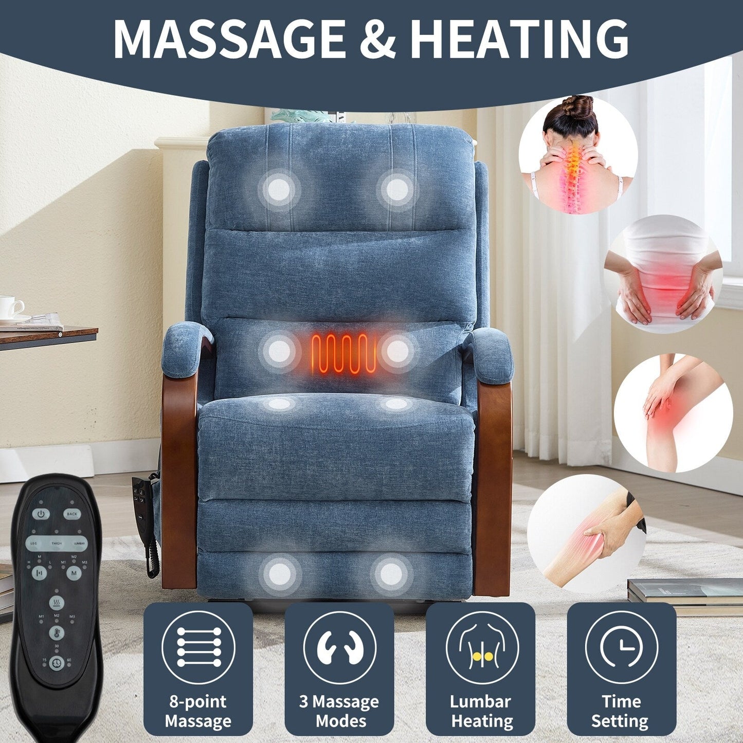 Power Lift Recliner Chair Dual Motor Infinite Position with Solid Wood Armrests, Heat Massage and Heavy Duty Motion Mechanism
