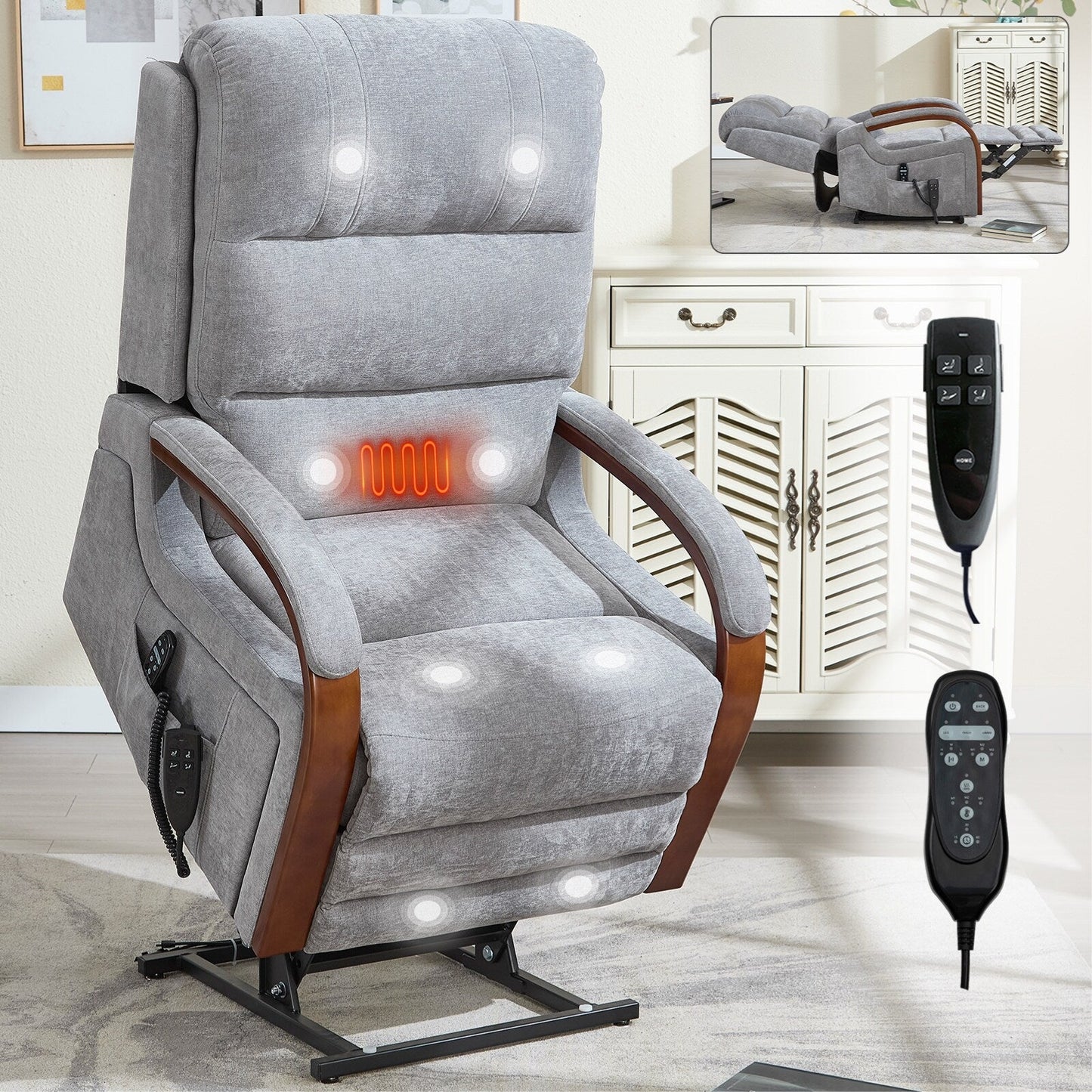 Power Lift Recliner Chair Dual Motor Infinite Position with Solid Wood Armrests, Heat Massage and Heavy Duty Motion Mechanism