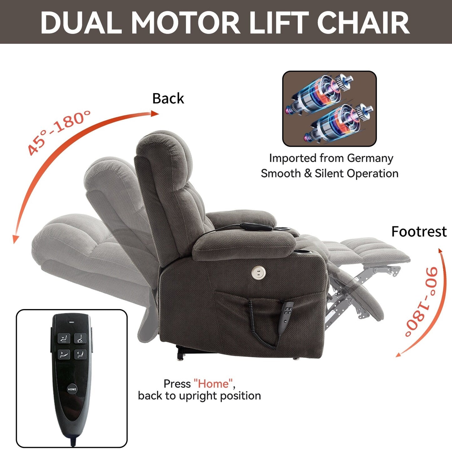 Power Lift Recliner Chair with Dual Motors, 8-Point Vibration Massage & Lumbar Heat, Dual Cup Holders & Side Pockets