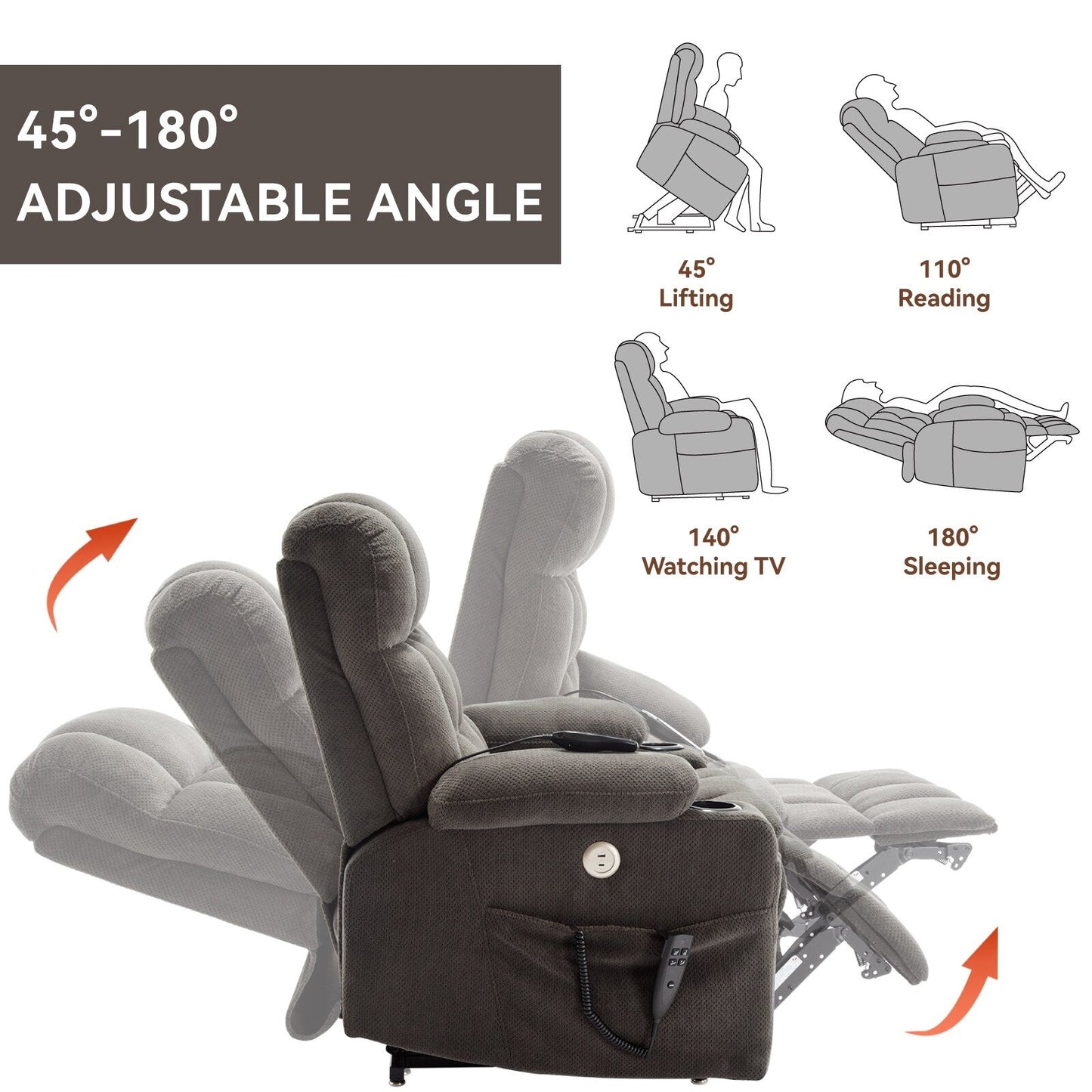 Power Lift Recliner Chair with Dual Motors, 8-Point Vibration Massage & Lumbar Heat, Dual Cup Holders & Side Pockets