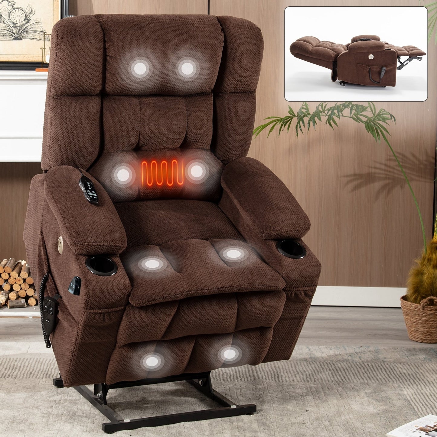 Power Lift Recliner Chair with Dual Motors, 8-Point Vibration Massage & Lumbar Heat, Dual Cup Holders & Side Pockets