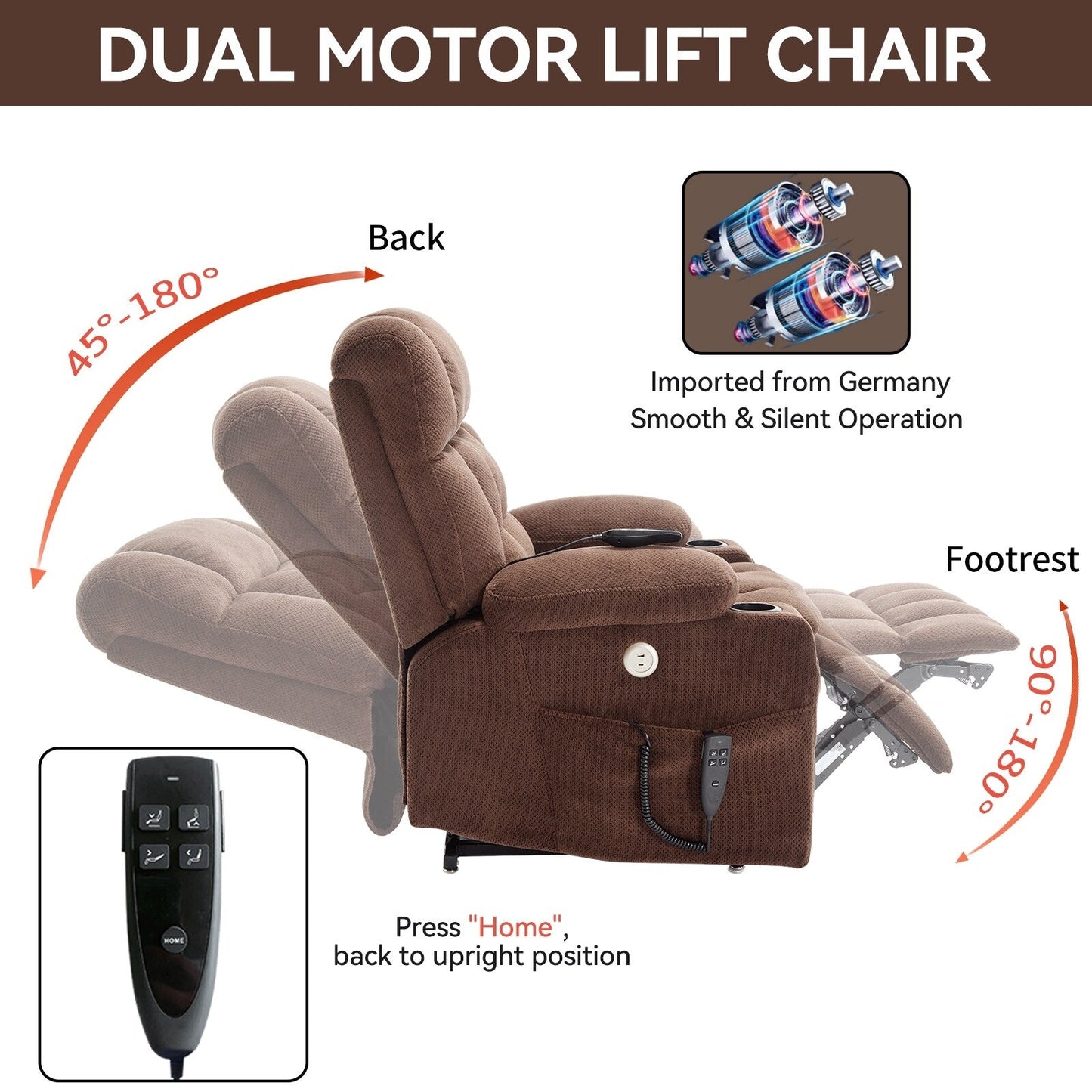 Power Lift Recliner Chair with Dual Motors, 8-Point Vibration Massage & Lumbar Heat, Dual Cup Holders & Side Pockets