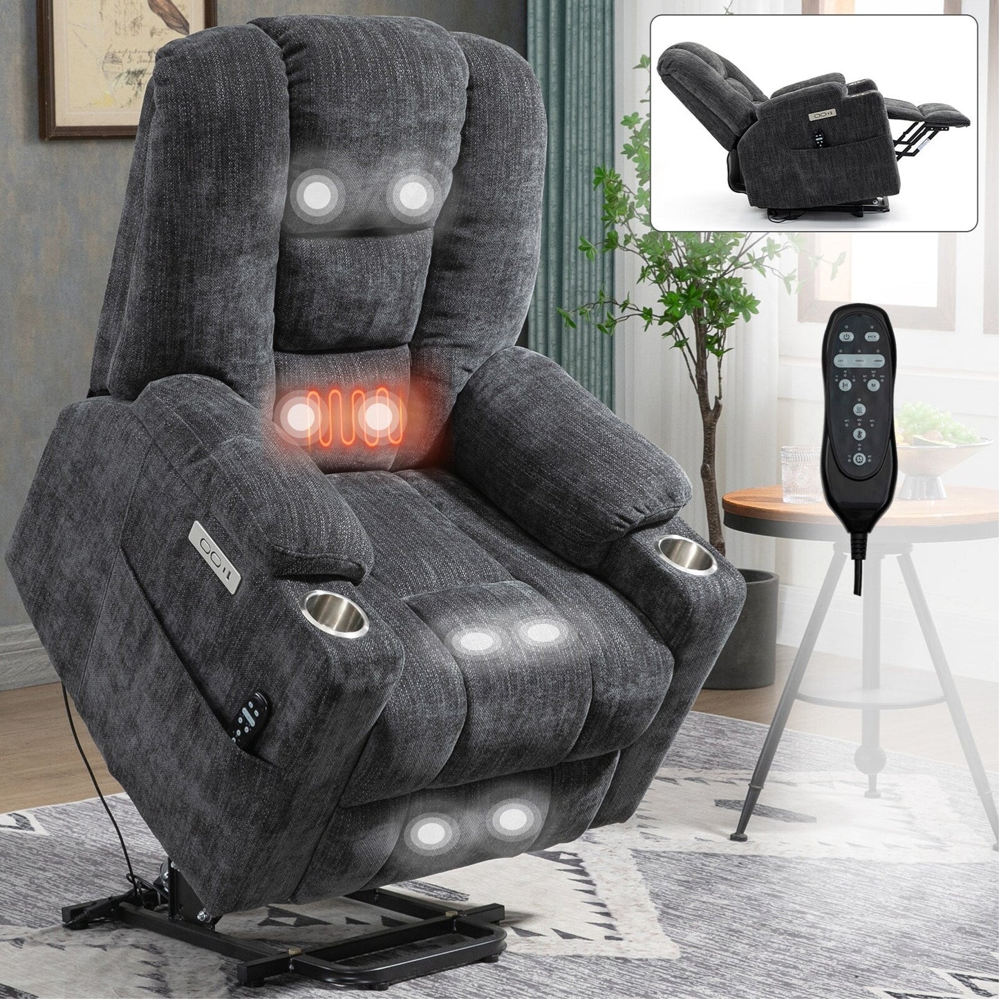 Power Lift Recliner Chair with Dual USB, Cup Holders & Chenille Fabric