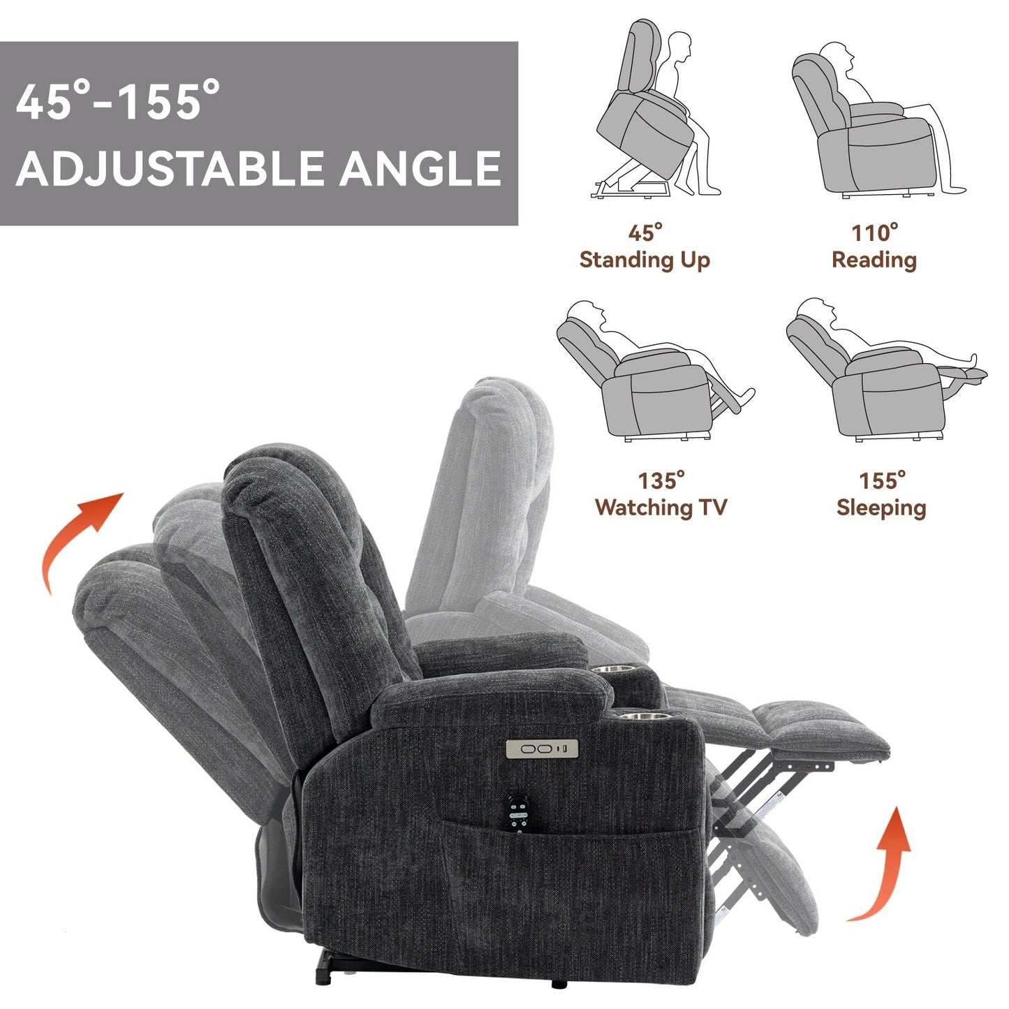 Power Lift Recliner Chair with Dual USB, Cup Holders & Chenille Fabric