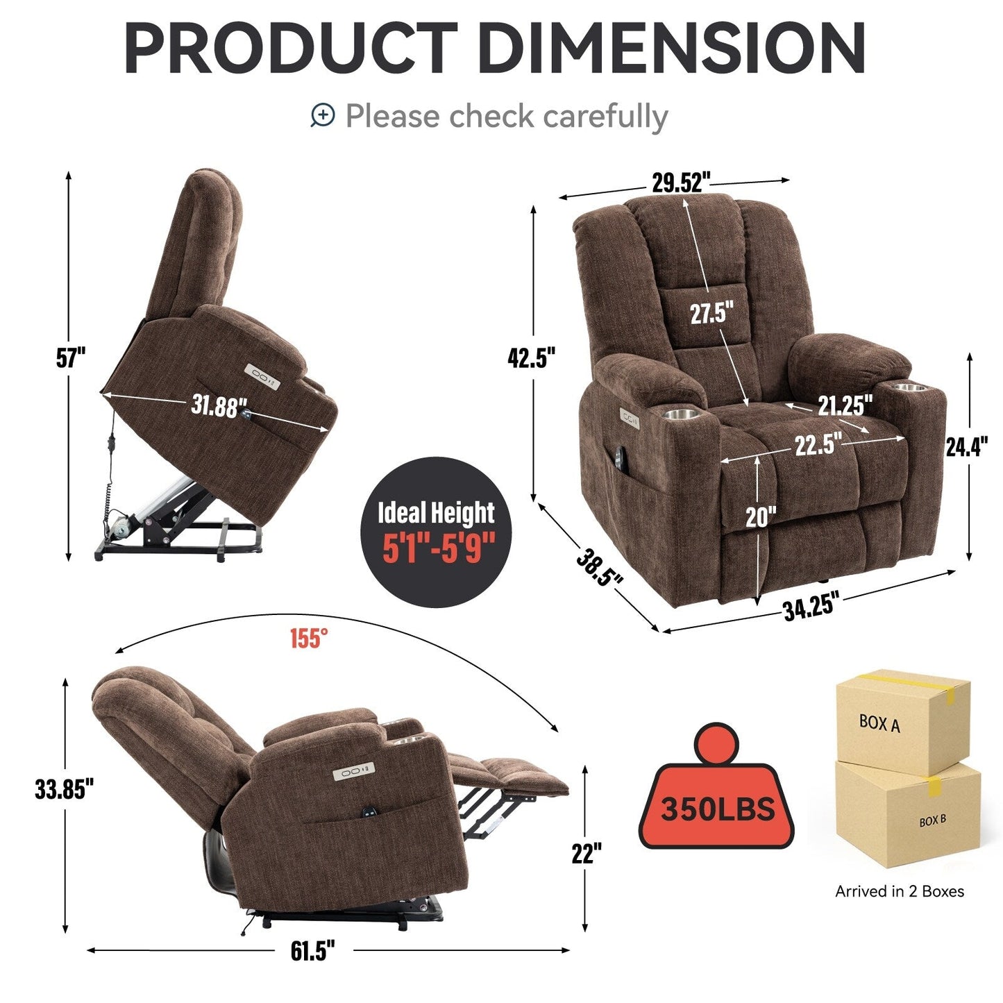 Power Lift Recliner Chair with Dual USB, Cup Holders & Chenille Fabric