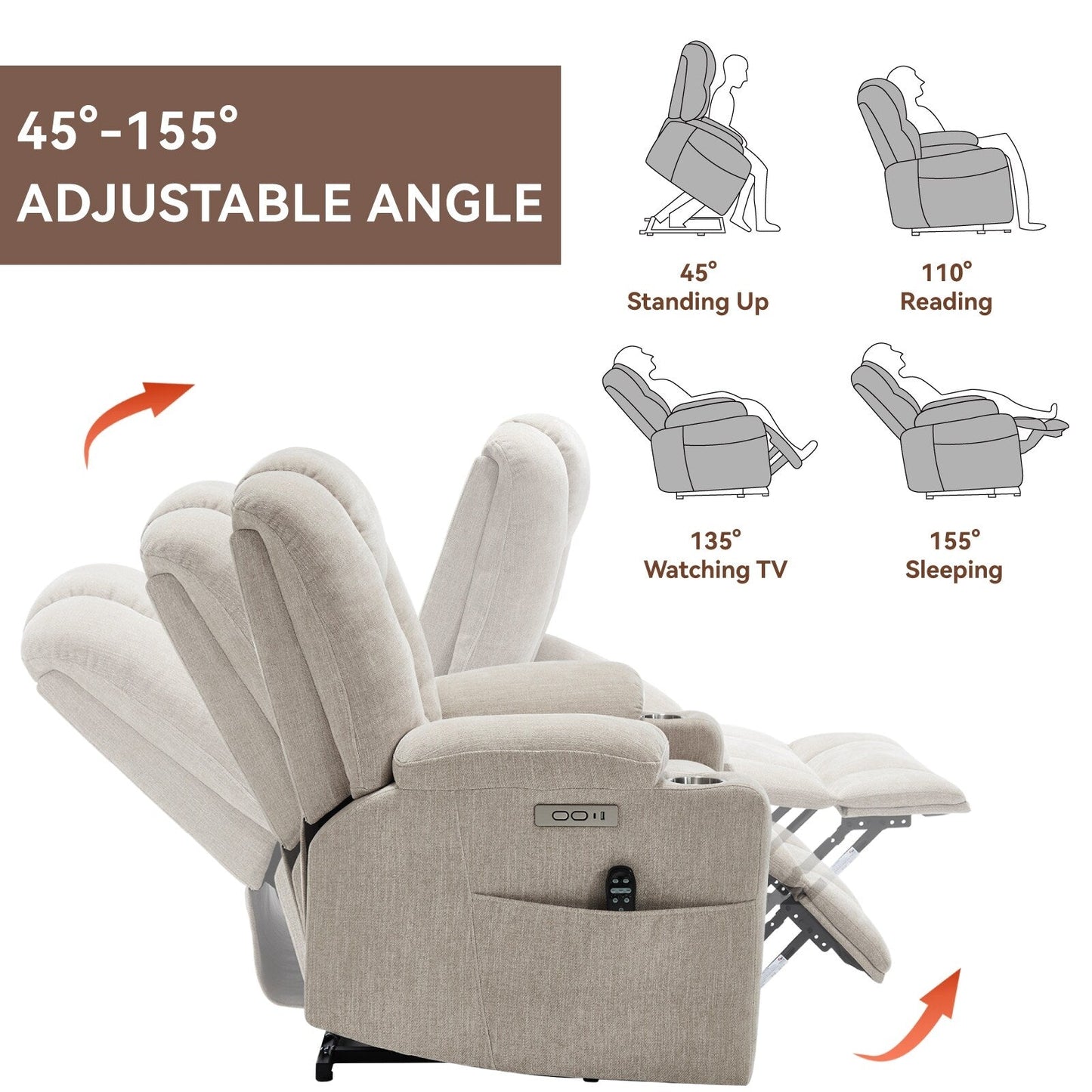 Power Lift Recliner Chair with Dual USB, Cup Holders & Chenille Fabric