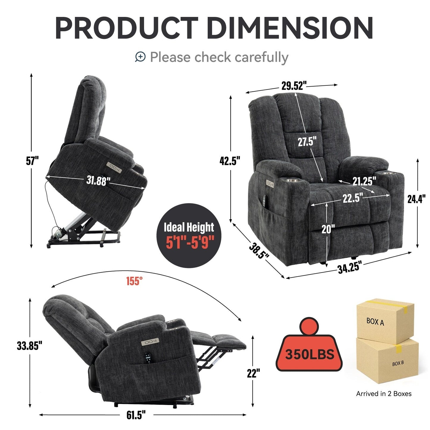 Power Lift Recliner Chair with Dual USB, Cup Holders & Chenille Fabric