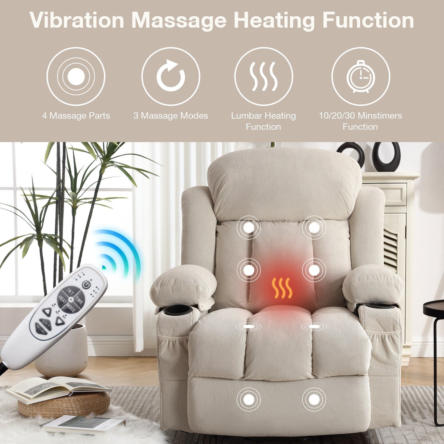 Power Lift Recliner Chair with Heat and Massage Electric Fabric Recliner Chair for Elderly with Side Pocket, USB Charge Port, Re