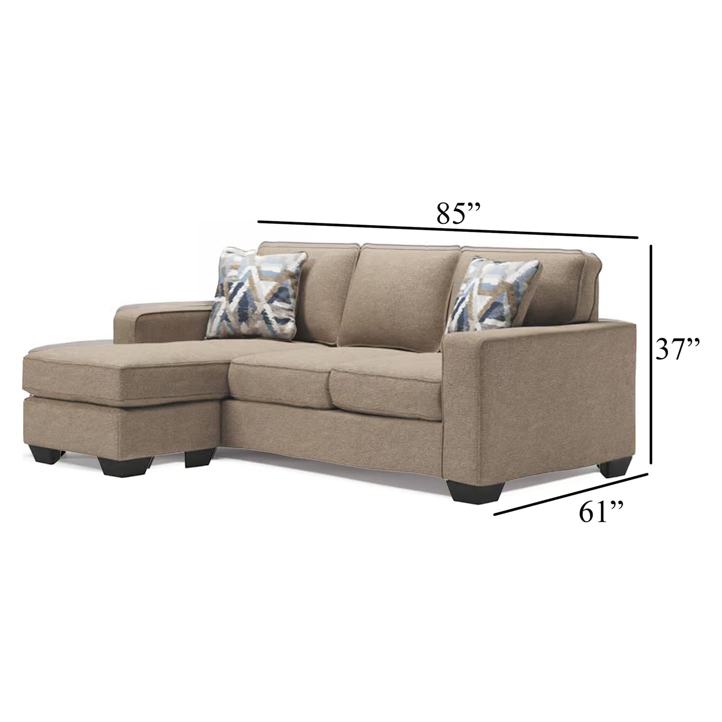 Qien Sofa Chaise, 2 Accent Pillows, Driftwood Brown Polyester 85 Inch