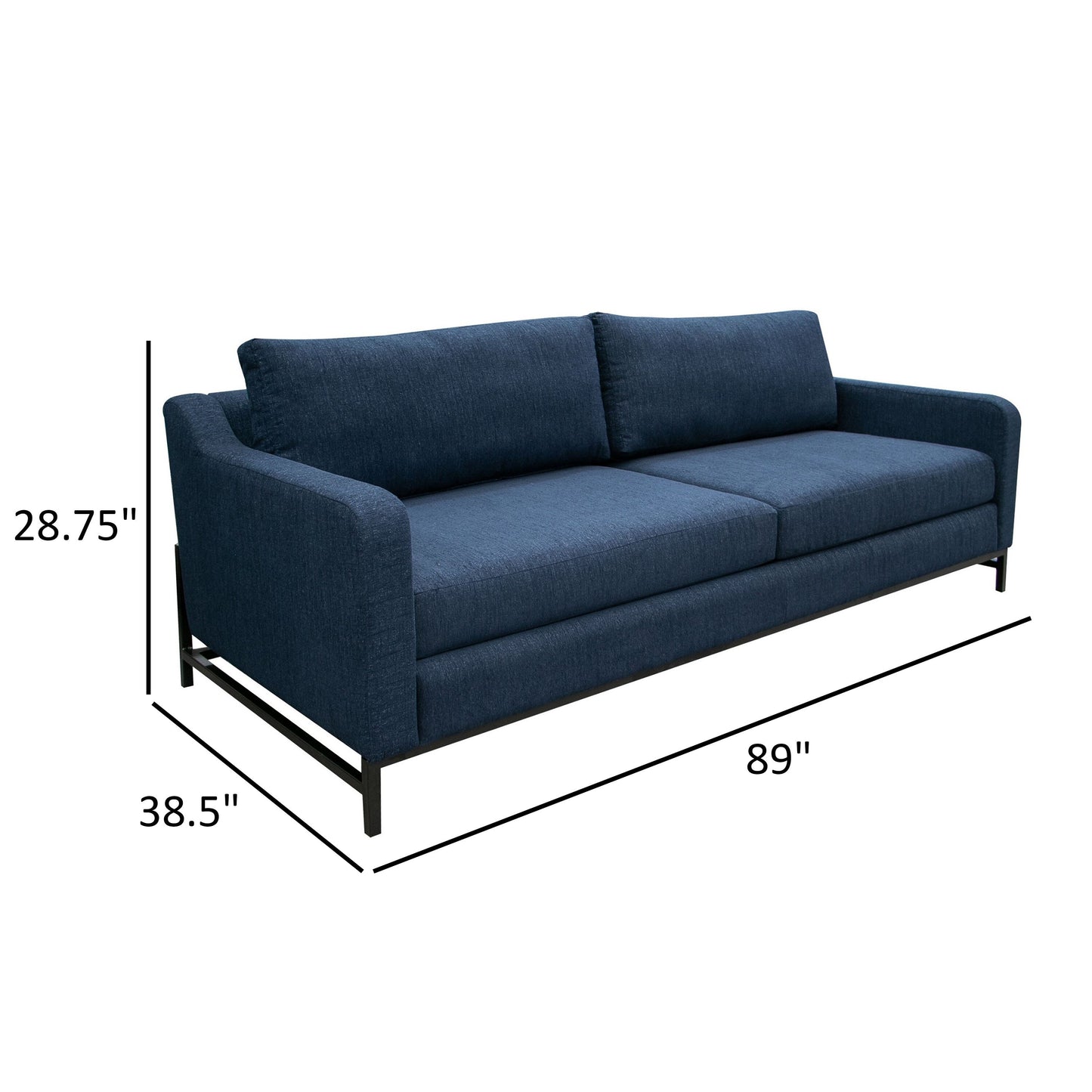 Raed Sofa, 2 Lumbar Pillows, 89 Inch, Solid Wood, Black, Blue Polyester