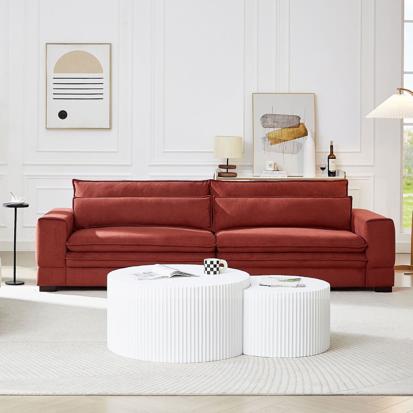 Red 104.72 Modern Fabric 4-Seater Sofa with Cushion Back and Solid Wood Legs