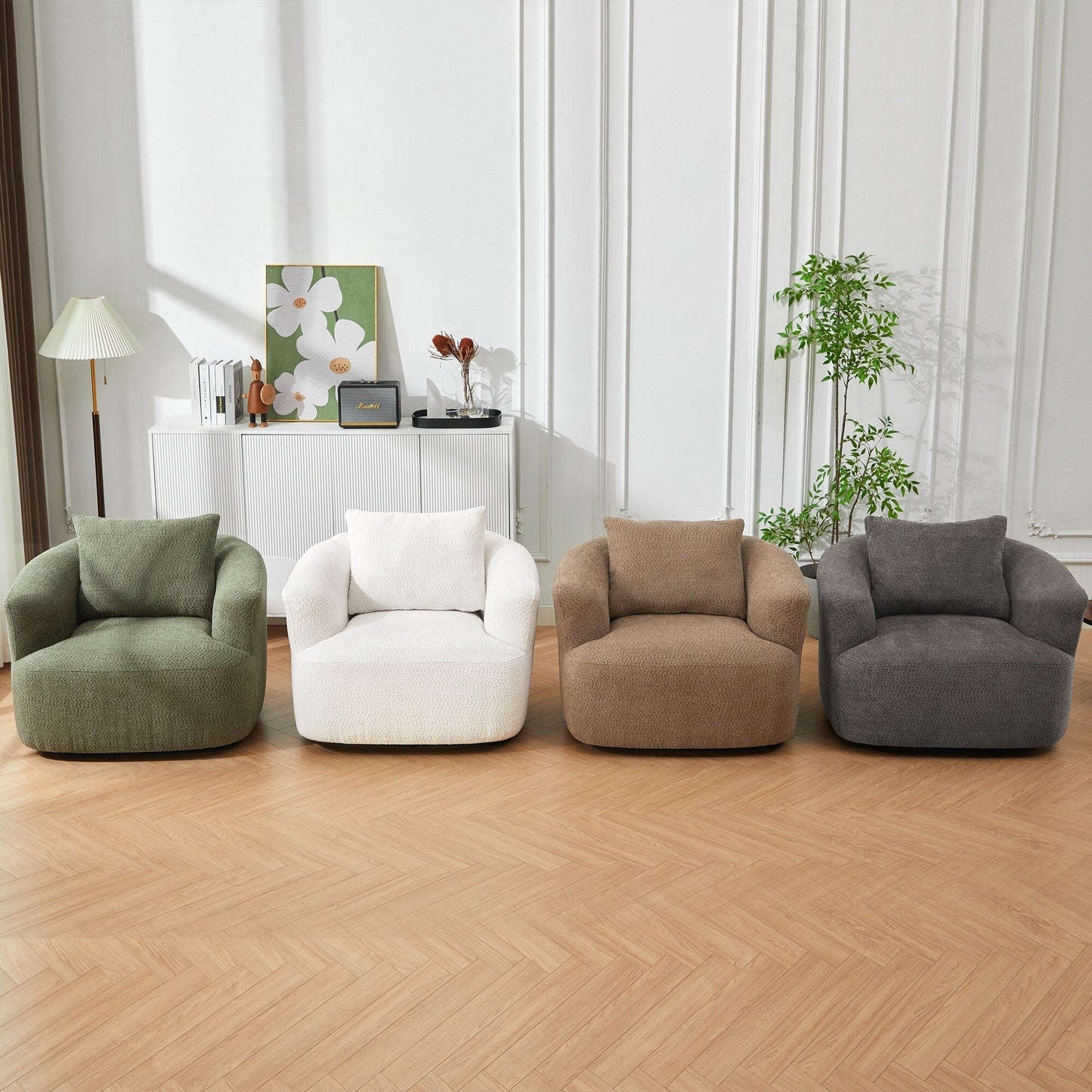 Roomfitters 360° Chenille Upholstered Swivel Barrel Chair Accent Sofa with Throw Pillow for Living Room Bedroom Office Hotel