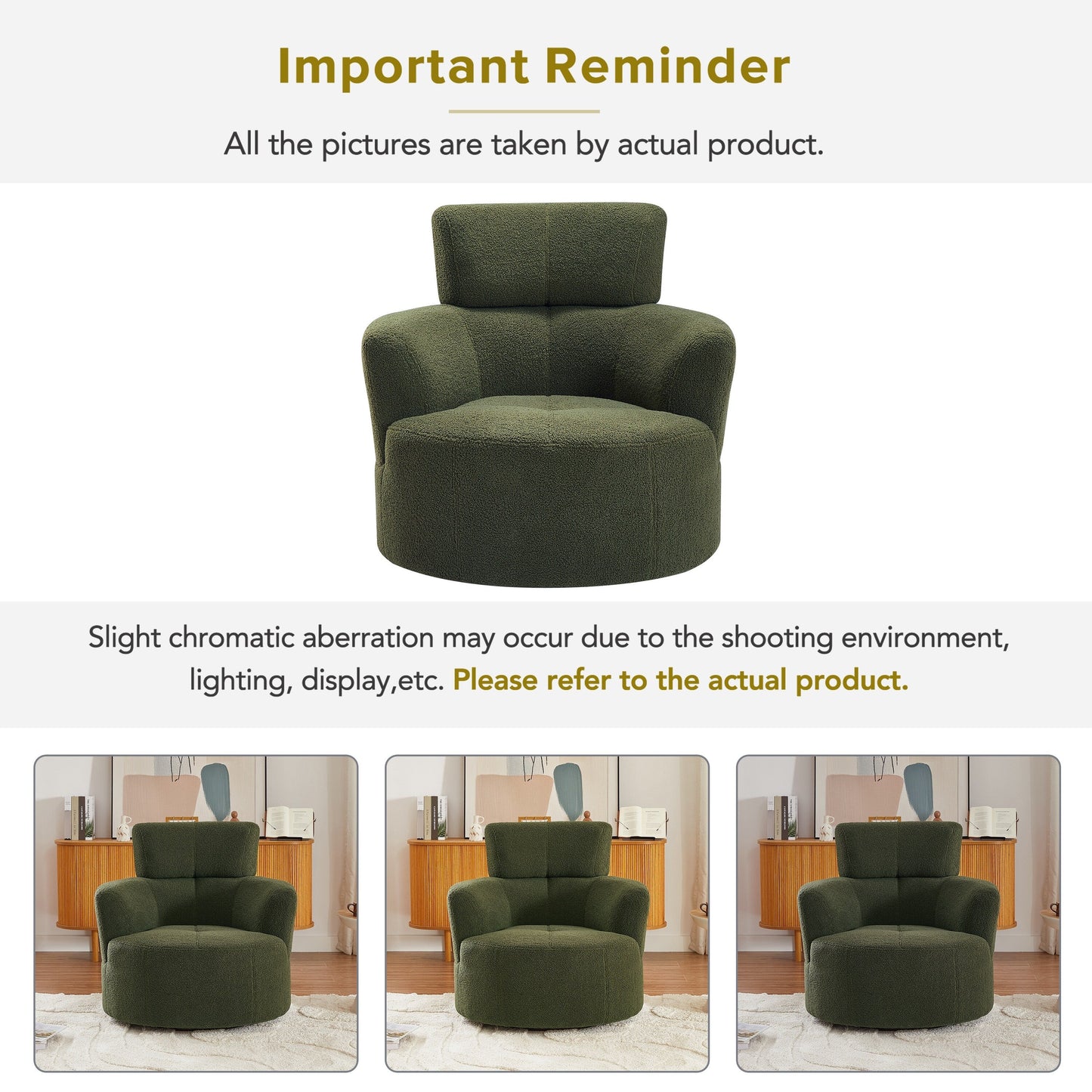 Roomfitters 360° Upholstered Swivel Barrel Accent Chair with Adjustable Headrest for Living Room