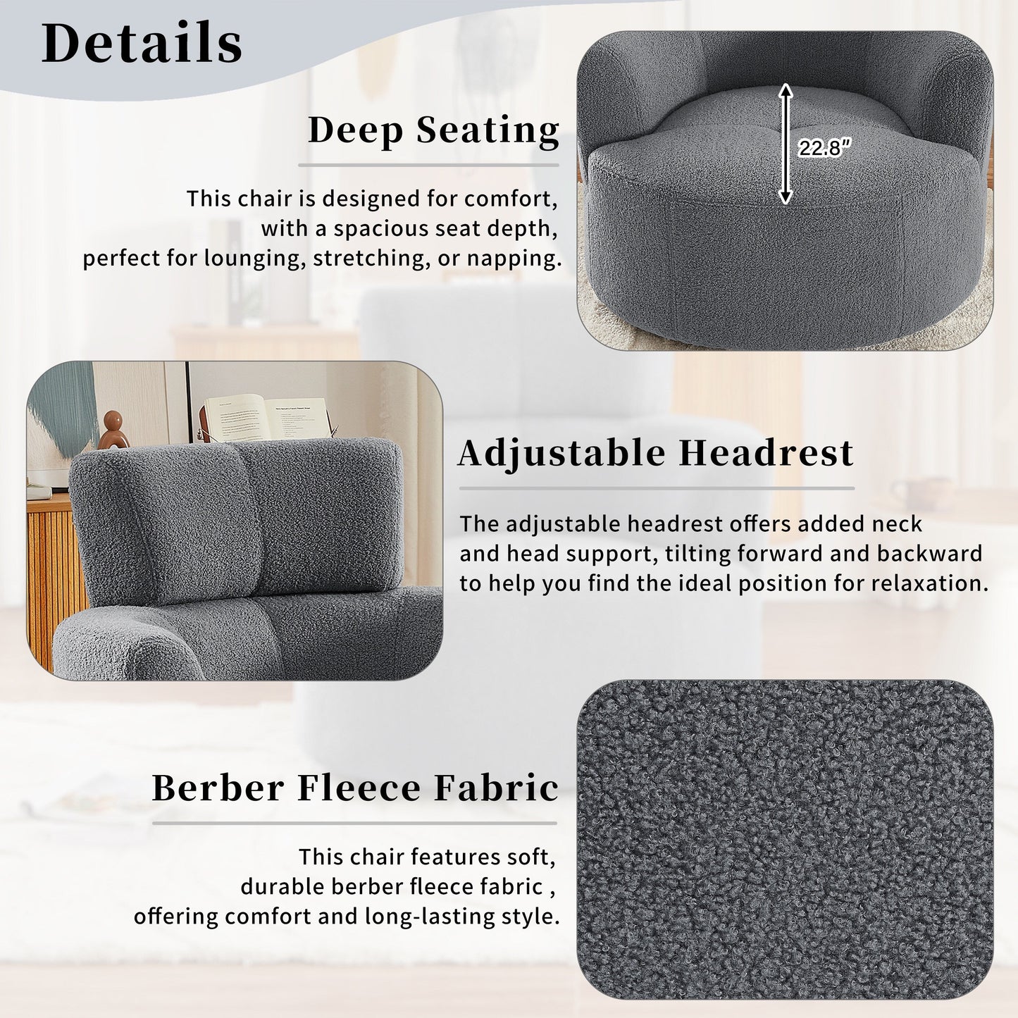 Roomfitters 360° Upholstered Swivel Barrel Accent Chair with Adjustable Headrest for Living Room