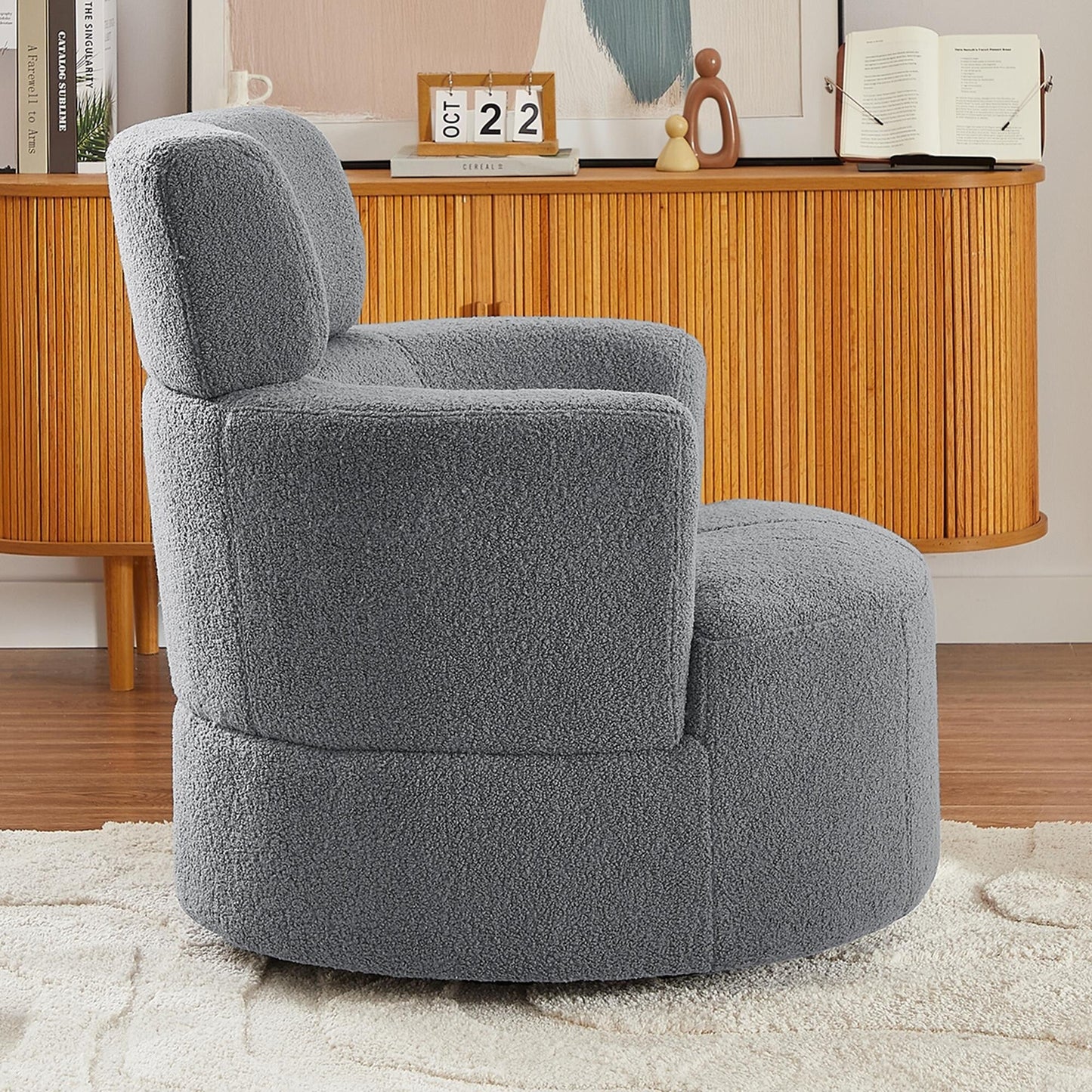 Roomfitters 360° Upholstered Swivel Barrel Accent Chair with Adjustable Headrest for Living Room