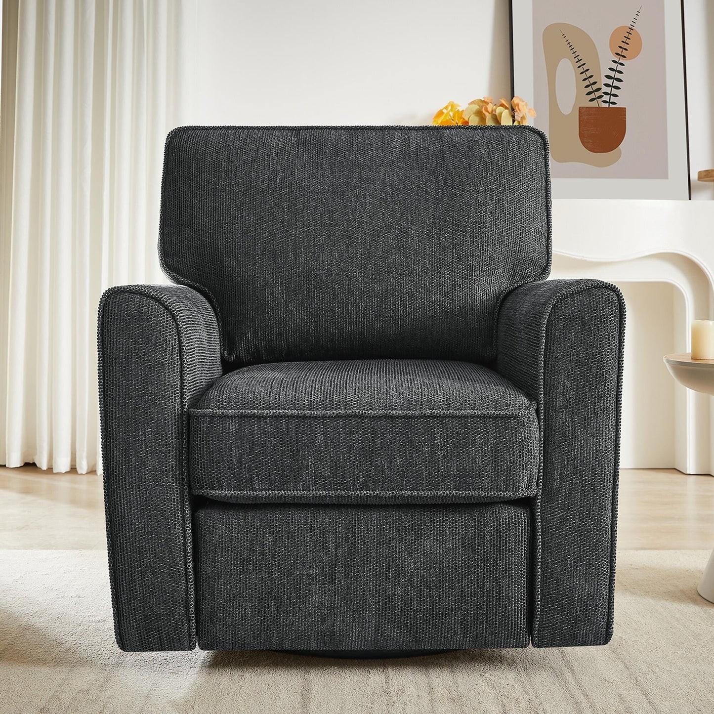 Roomfitters 360° Upholstered Swivel Barrel Armchair Accent Chair with Side Pockets for Living Room Bedroom Office Hotel