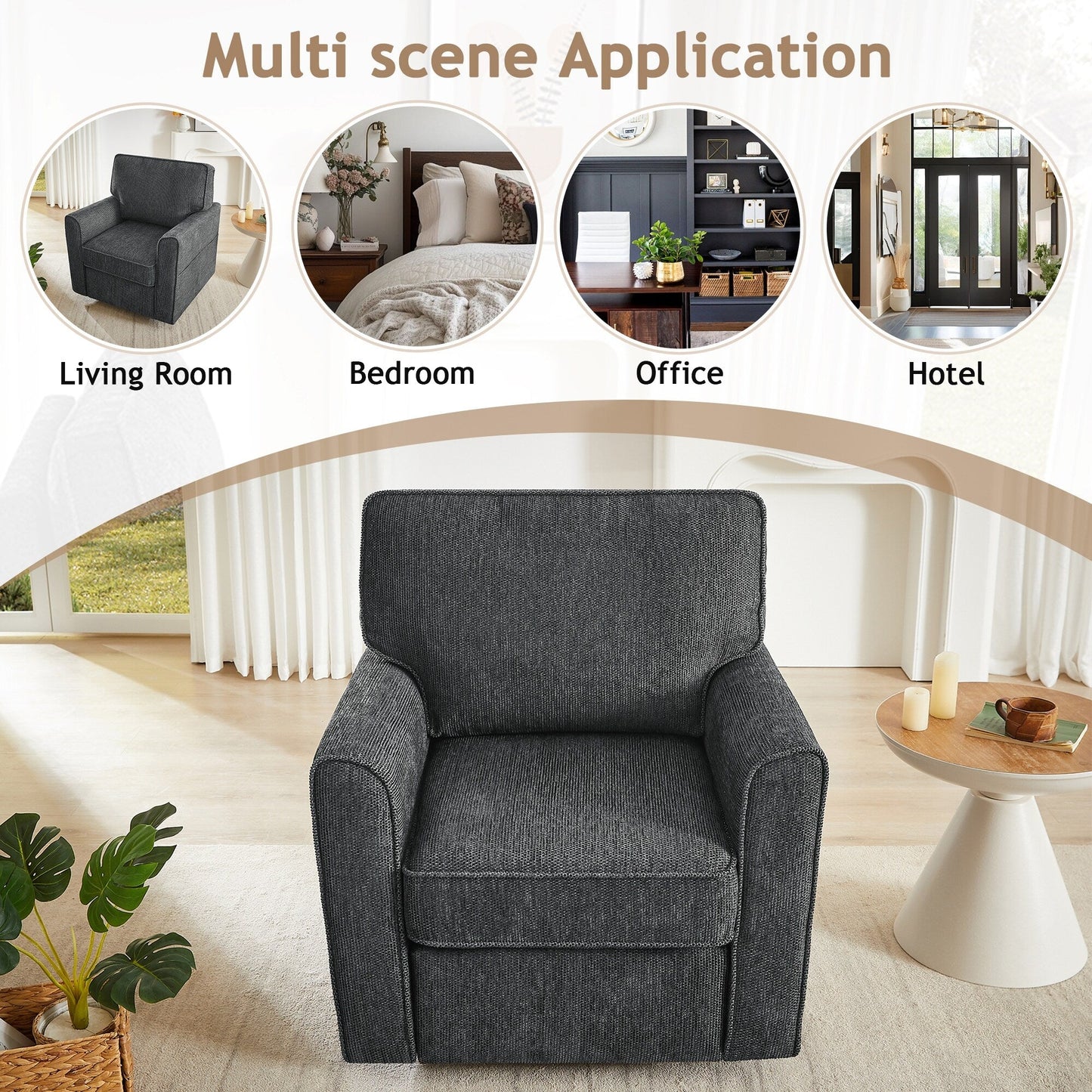 Roomfitters 360° Upholstered Swivel Barrel Armchair Accent Chair with Side Pockets for Living Room Bedroom Office Hotel