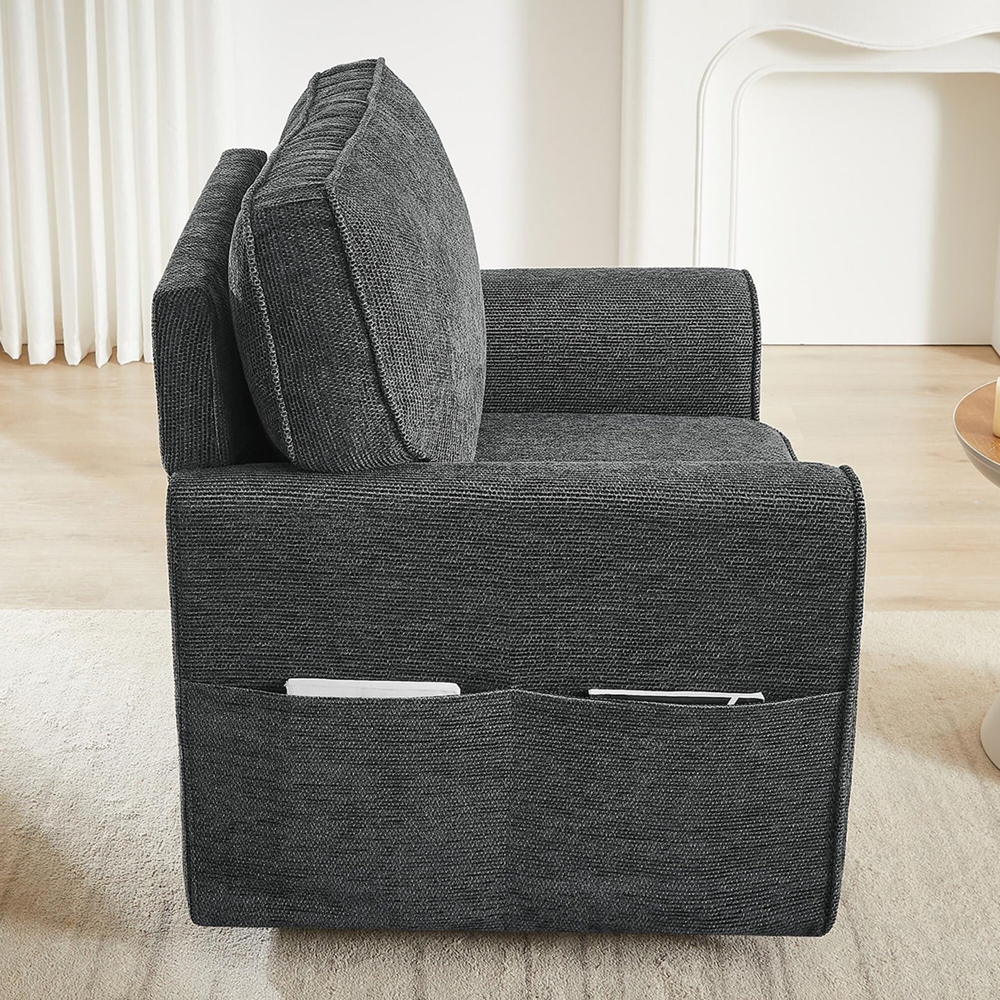 Roomfitters 360° Upholstered Swivel Barrel Armchair Accent Chair with Side Pockets for Living Room Bedroom Office Hotel