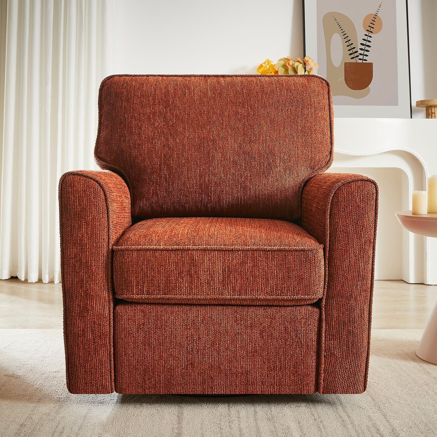 Roomfitters 360° Upholstered Swivel Barrel Armchair Accent Chair with Side Pockets for Living Room Bedroom Office Hotel