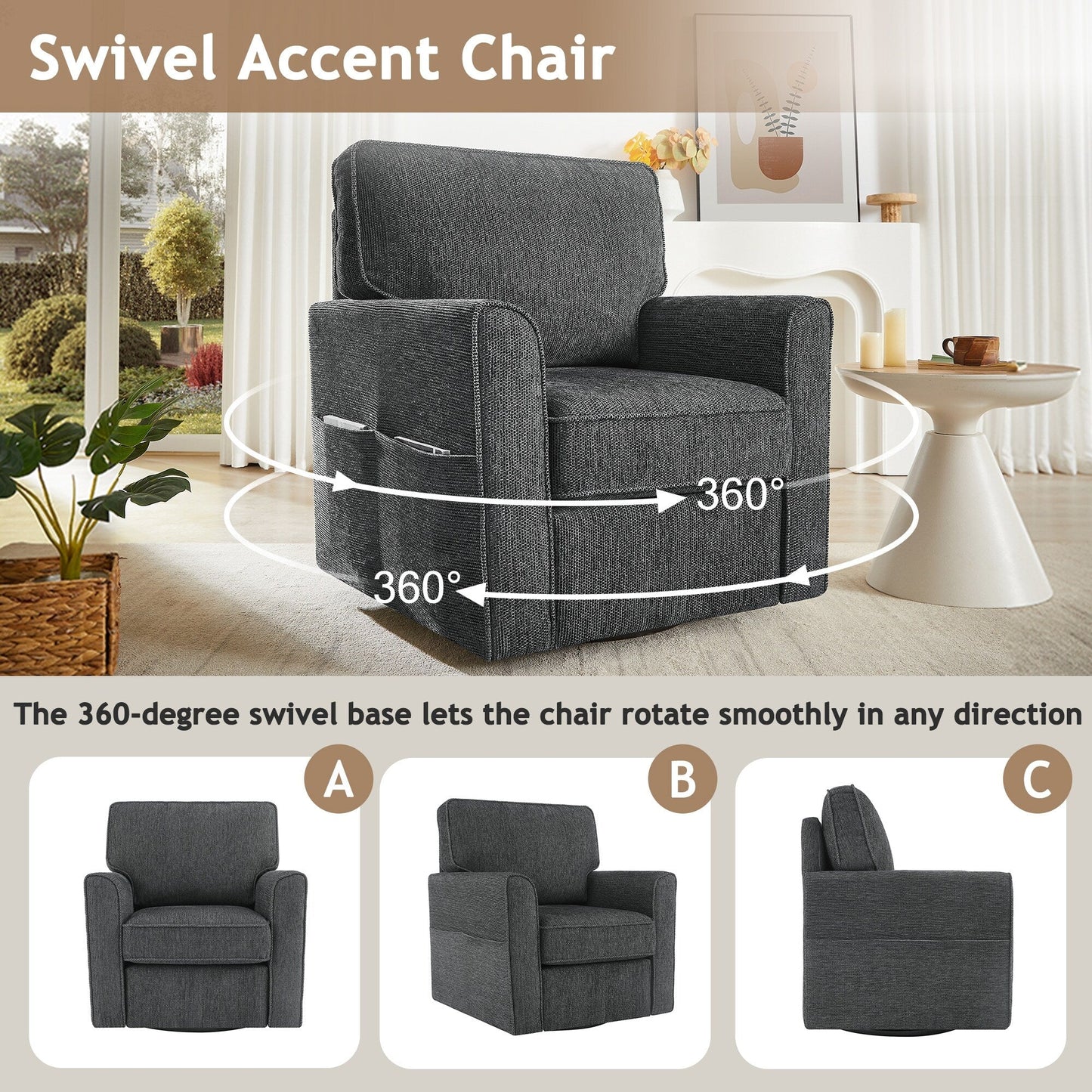 Roomfitters 360° Upholstered Swivel Barrel Armchair Accent Chair with Side Pockets for Living Room Bedroom Office Hotel