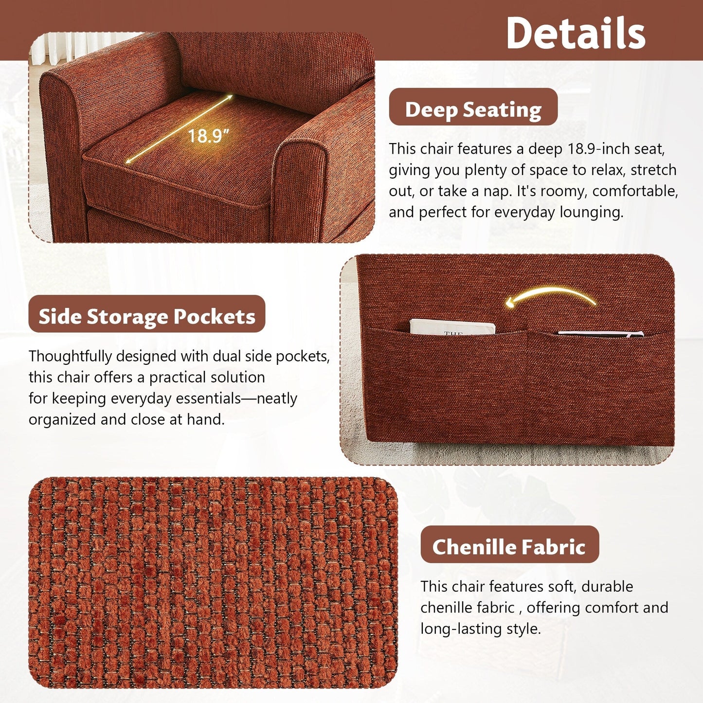 Roomfitters 360° Upholstered Swivel Barrel Armchair Accent Chair with Side Pockets for Living Room Bedroom Office Hotel