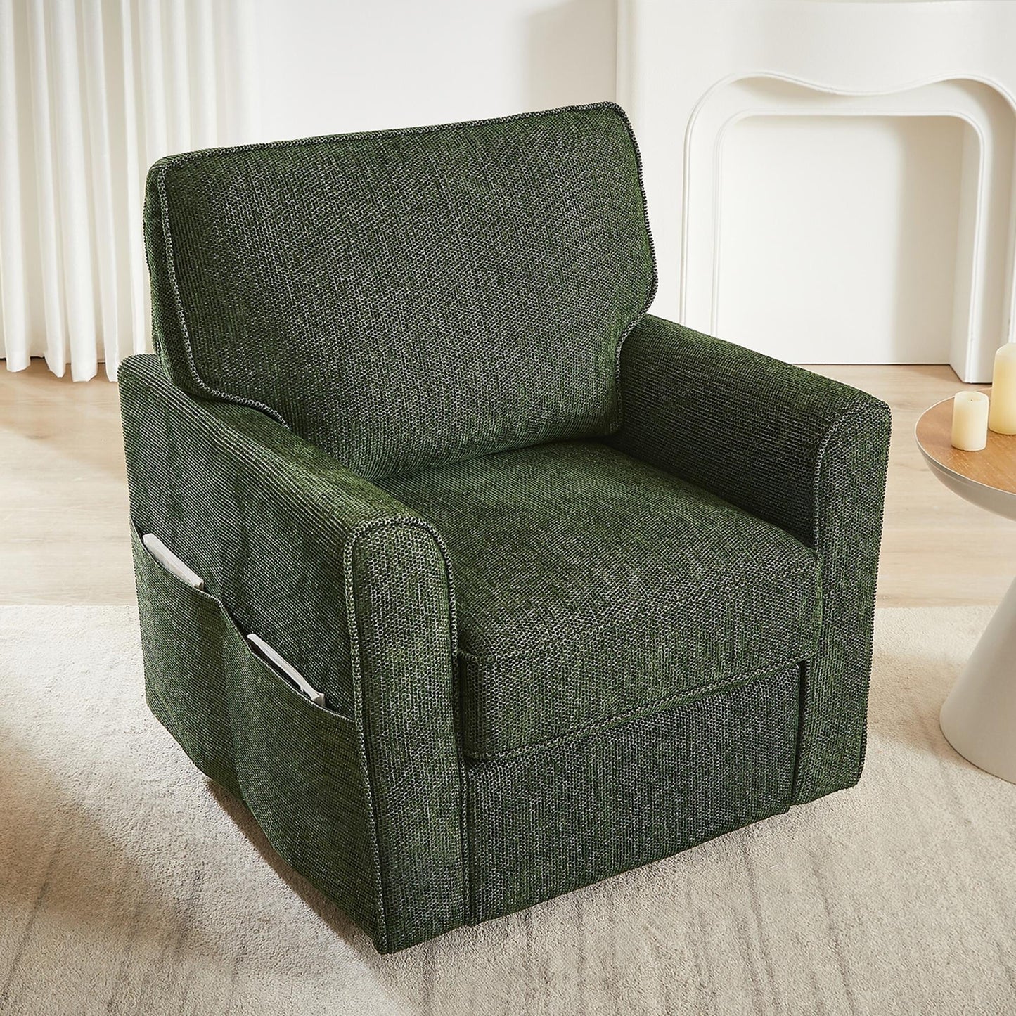 Roomfitters 360° Upholstered Swivel Barrel Armchair Accent Chair with Side Pockets for Living Room Bedroom Office Hotel