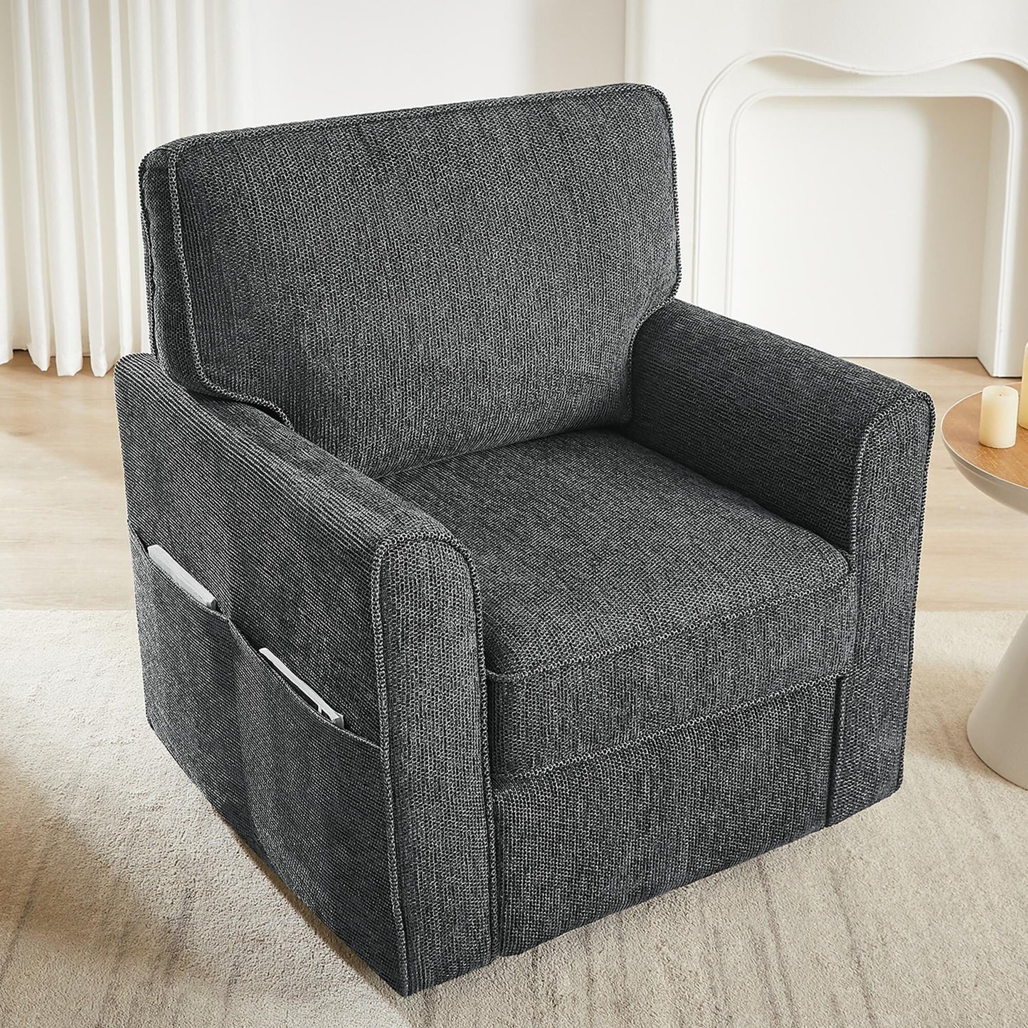 Roomfitters 360° Upholstered Swivel Barrel Armchair Accent Chair with Side Pockets for Living Room Bedroom Office Hotel