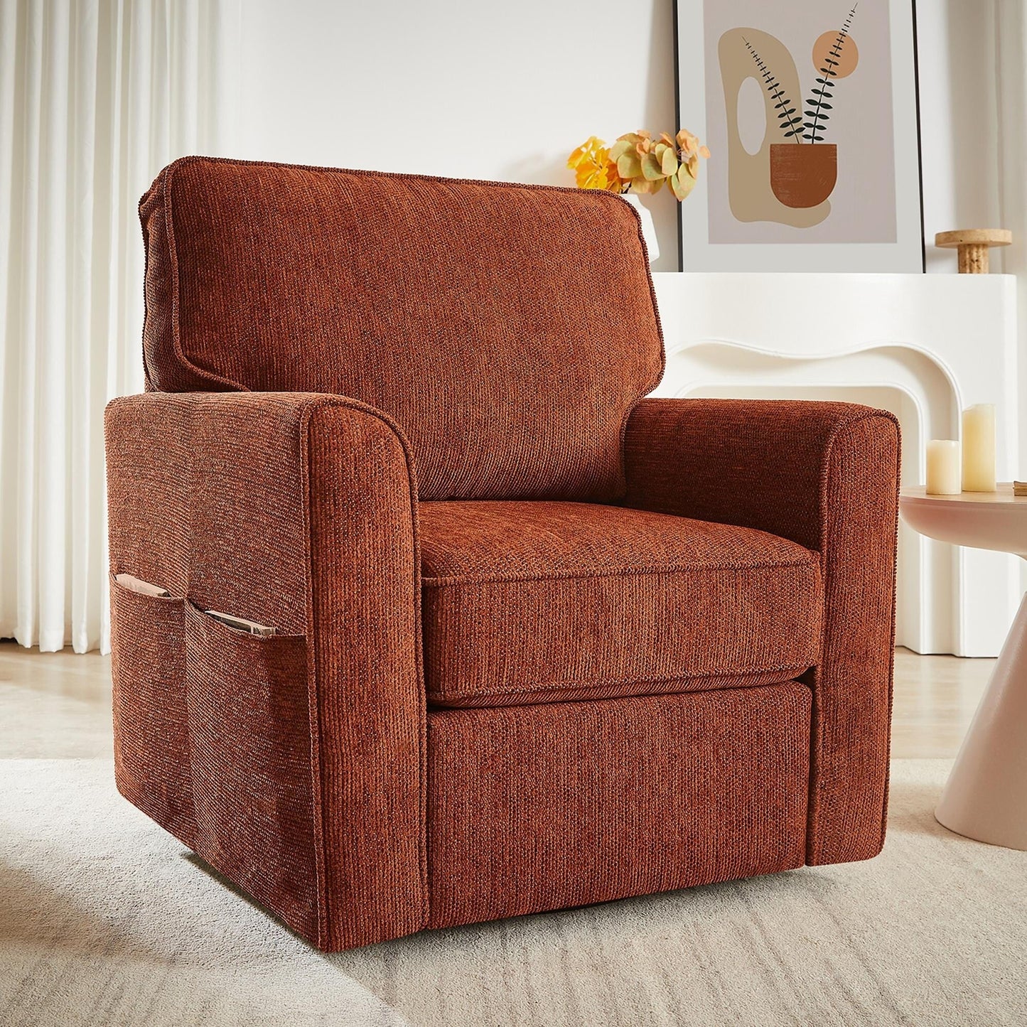 Roomfitters 360° Upholstered Swivel Barrel Armchair Accent Chair with Side Pockets for Living Room Bedroom Office Hotel