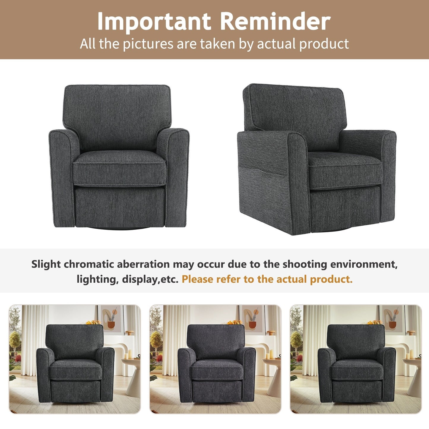 Roomfitters 360° Upholstered Swivel Barrel Armchair Accent Chair with Side Pockets for Living Room Bedroom Office Hotel
