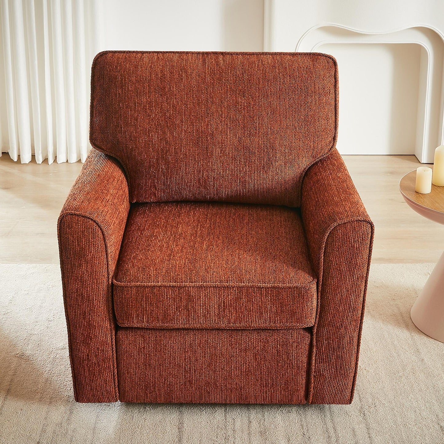 Roomfitters 360° Upholstered Swivel Barrel Armchair Accent Chair with Side Pockets for Living Room Bedroom Office Hotel