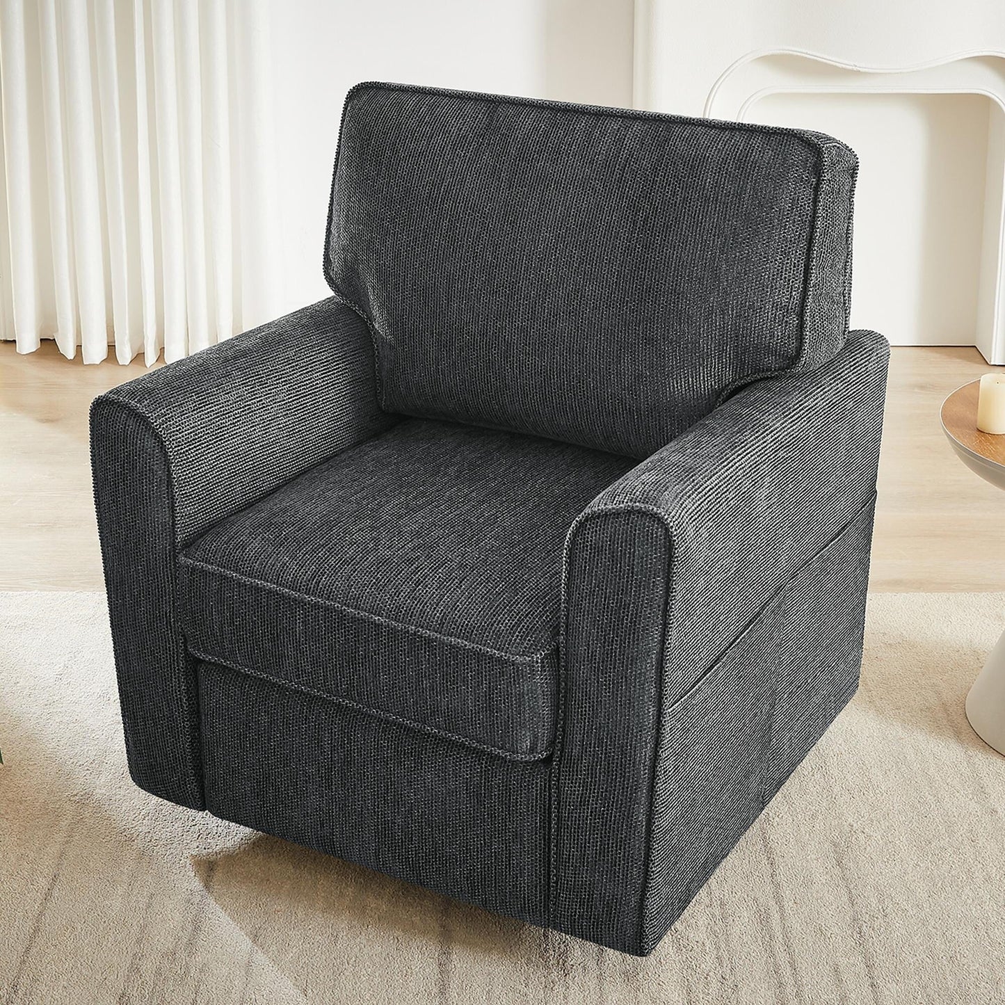 Roomfitters 360° Upholstered Swivel Barrel Armchair Accent Chair with Side Pockets for Living Room Bedroom Office Hotel