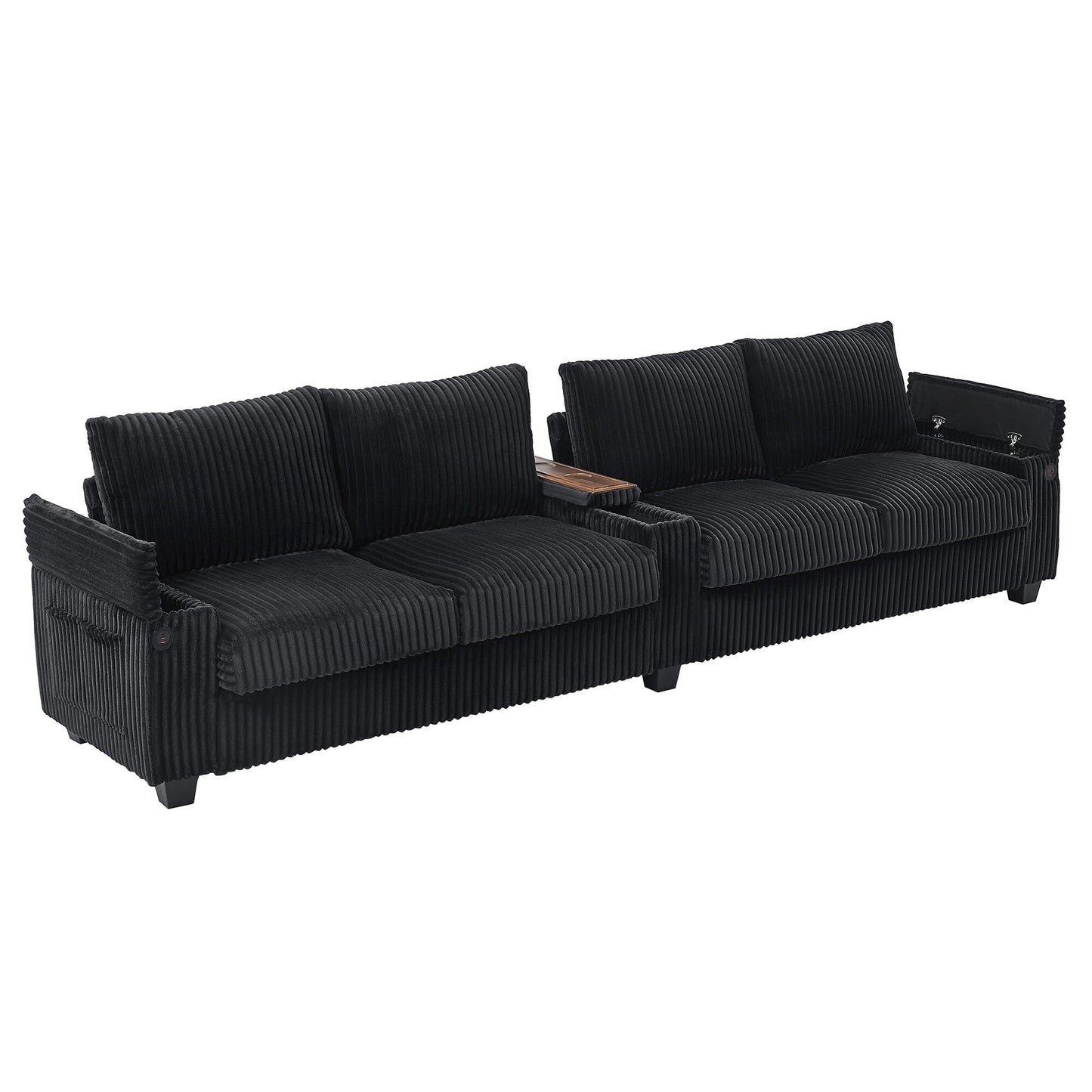 Roomfitters 4-Seater Corduroy Modern Sofa Couch with USB Ports Hidden Storage Arms & Flip-Top Cup Holders for Living Room