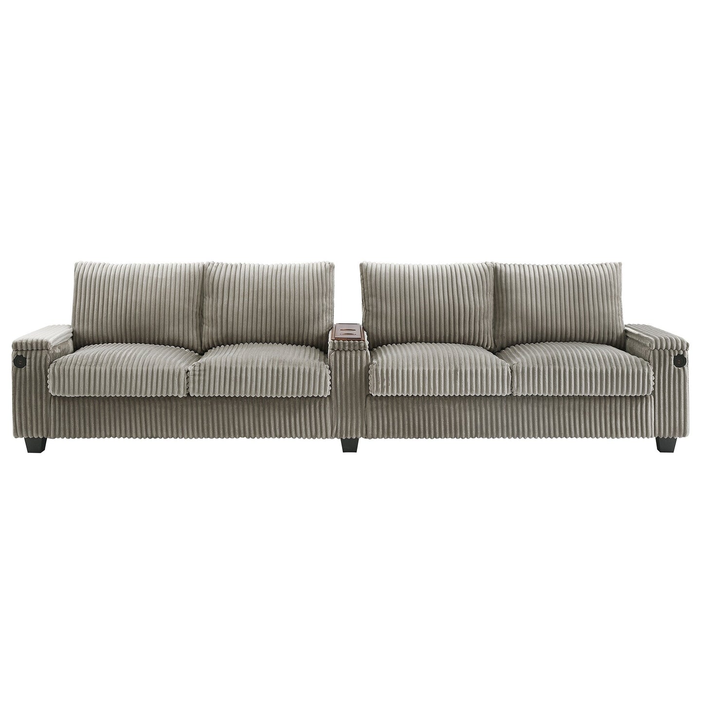 Roomfitters 4-Seater Corduroy Modern Sofa Couch with USB Ports Hidden Storage Arms & Flip-Top Cup Holders for Living Room