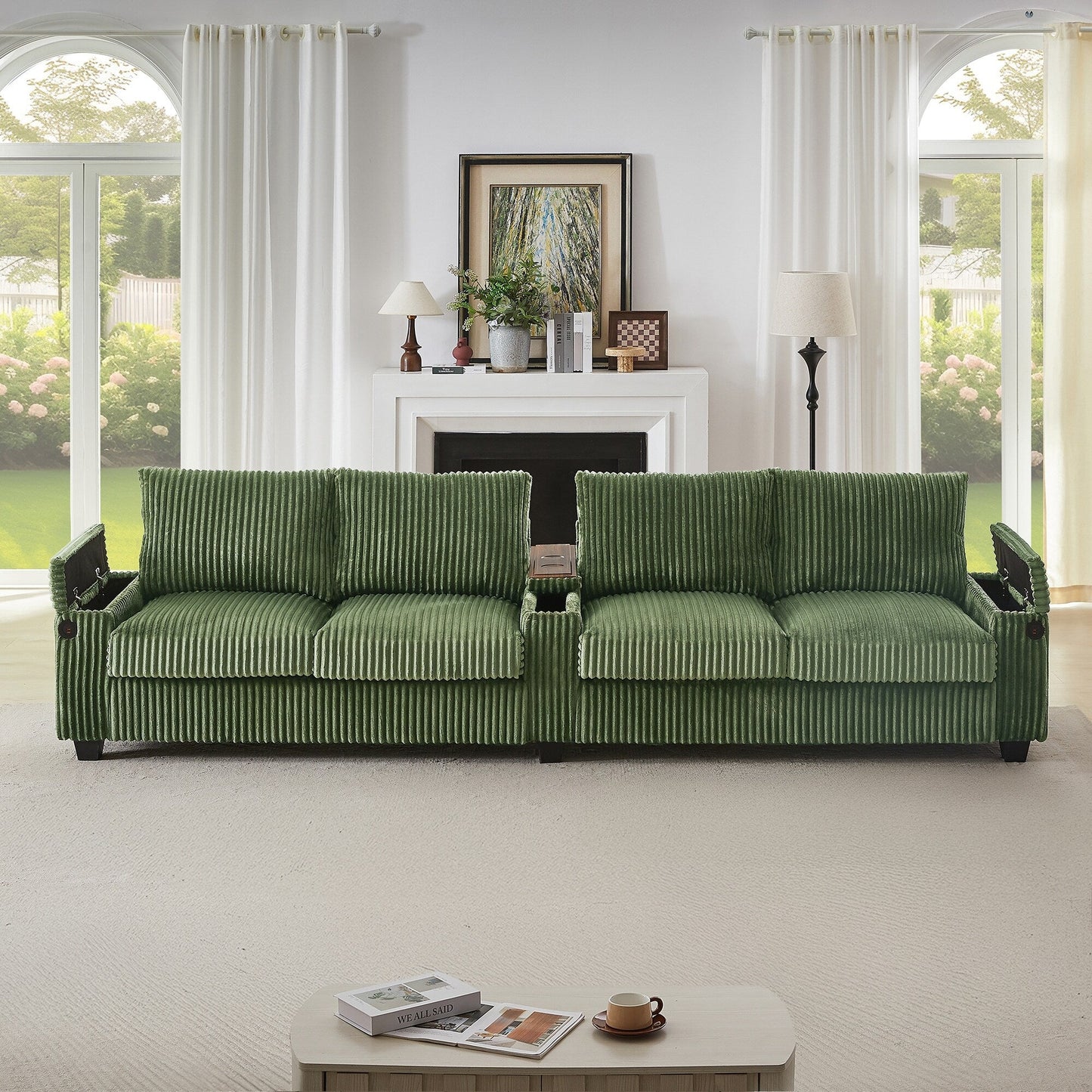 Roomfitters 4-Seater Corduroy Modern Sofa Couch with USB Ports Hidden Storage Arms & Flip-Top Cup Holders for Living Room