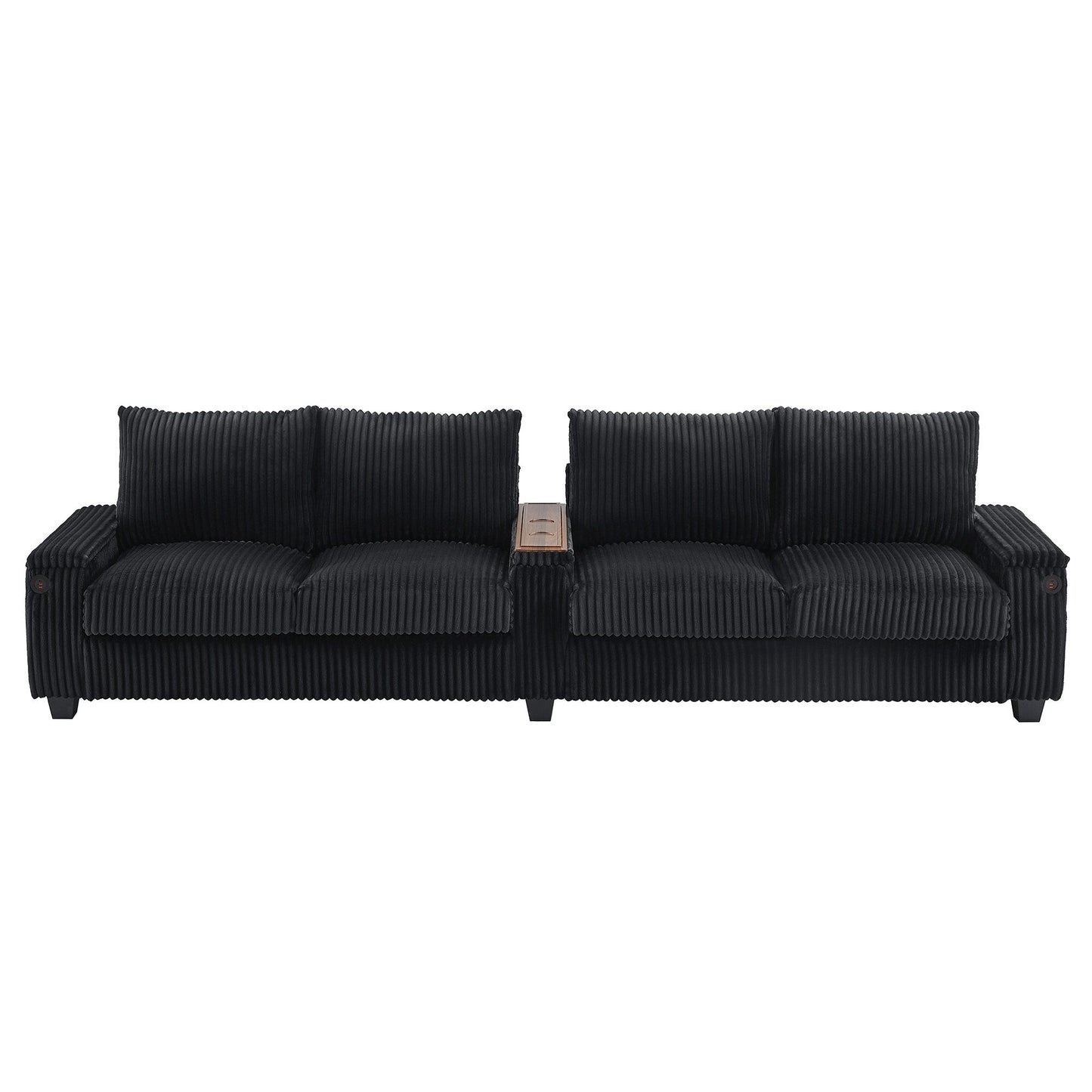 Roomfitters 4-Seater Corduroy Modern Sofa Couch with USB Ports Hidden Storage Arms & Flip-Top Cup Holders for Living Room