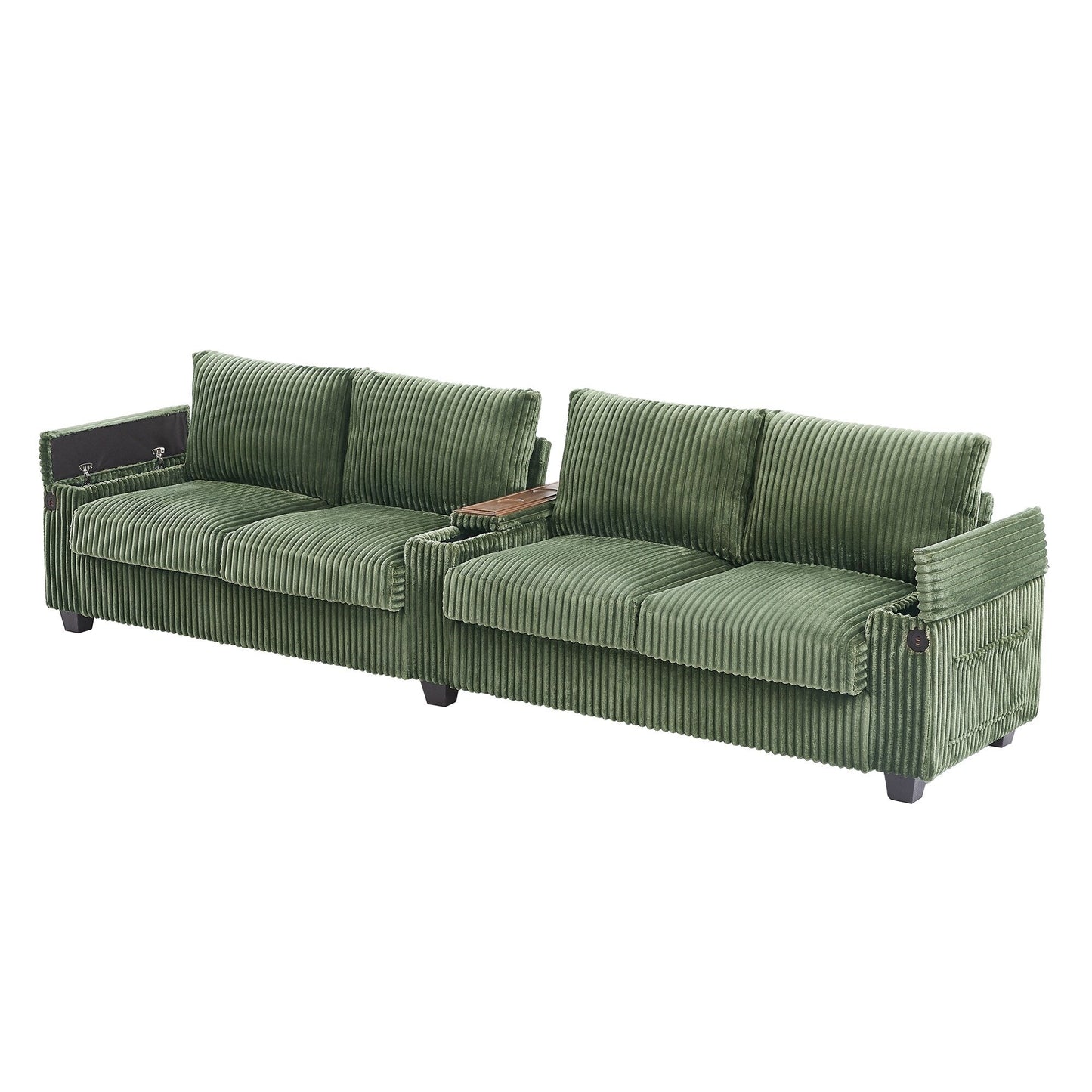 Roomfitters 4-Seater Corduroy Modern Sofa Couch with USB Ports Hidden Storage Arms & Flip-Top Cup Holders for Living Room