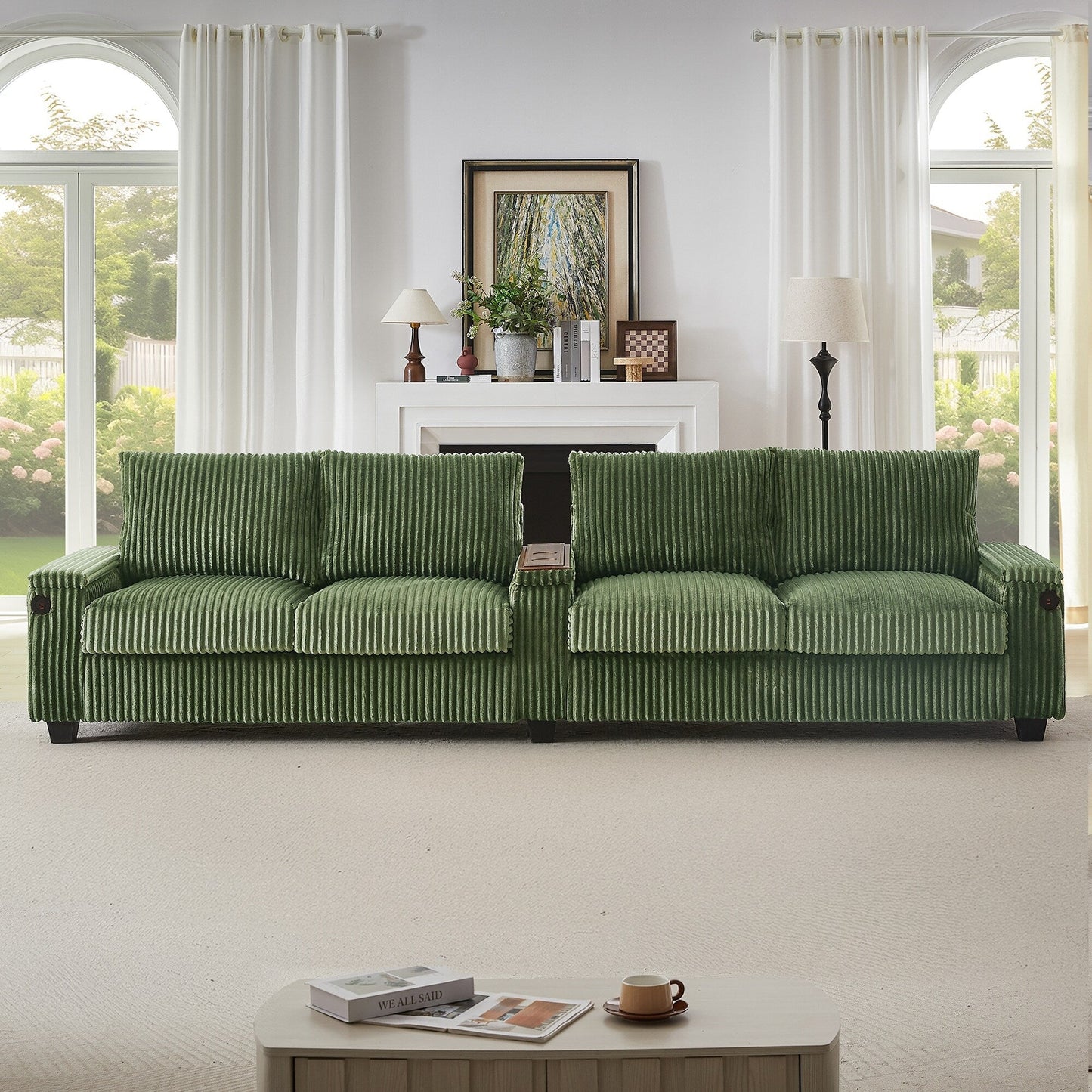 Roomfitters 4-Seater Corduroy Modern Sofa Couch with USB Ports Hidden Storage Arms & Flip-Top Cup Holders for Living Room