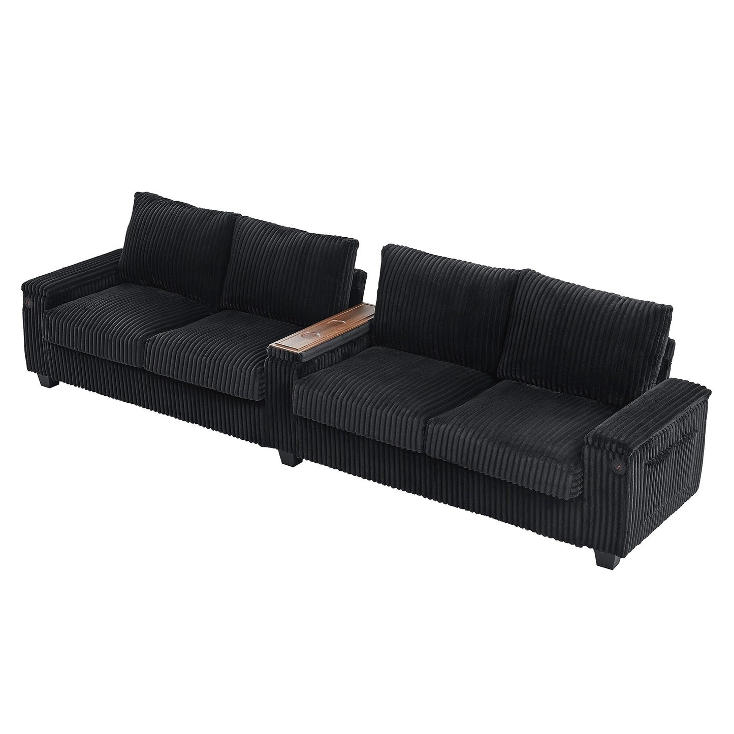 Roomfitters 4-Seater Corduroy Modern Sofa Couch with USB Ports Hidden Storage Arms & Flip-Top Cup Holders for Living Room