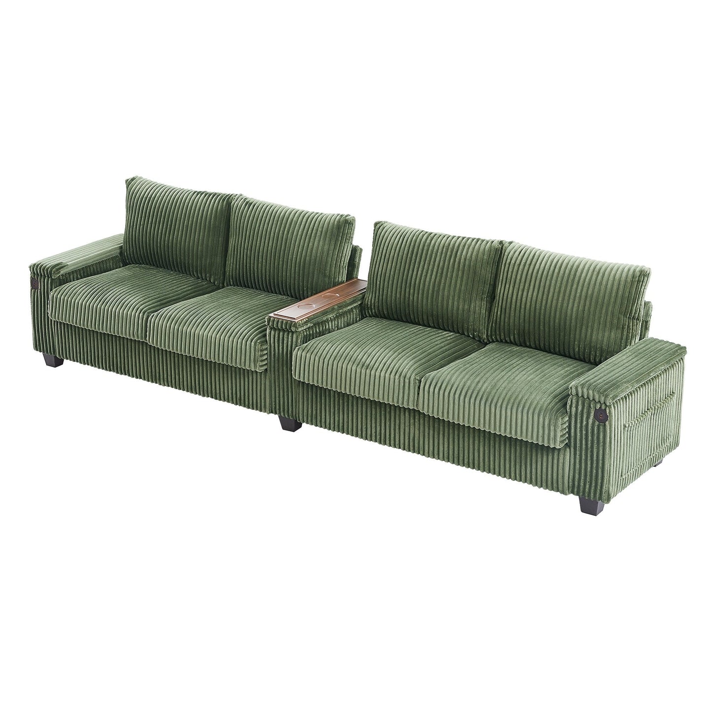 Roomfitters 4-Seater Corduroy Modern Sofa Couch with USB Ports Hidden Storage Arms & Flip-Top Cup Holders for Living Room