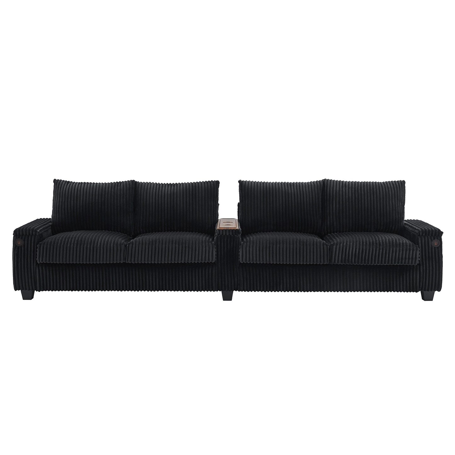Roomfitters 4-Seater Corduroy Modern Sofa Couch with USB Ports Hidden Storage Arms & Flip-Top Cup Holders for Living Room