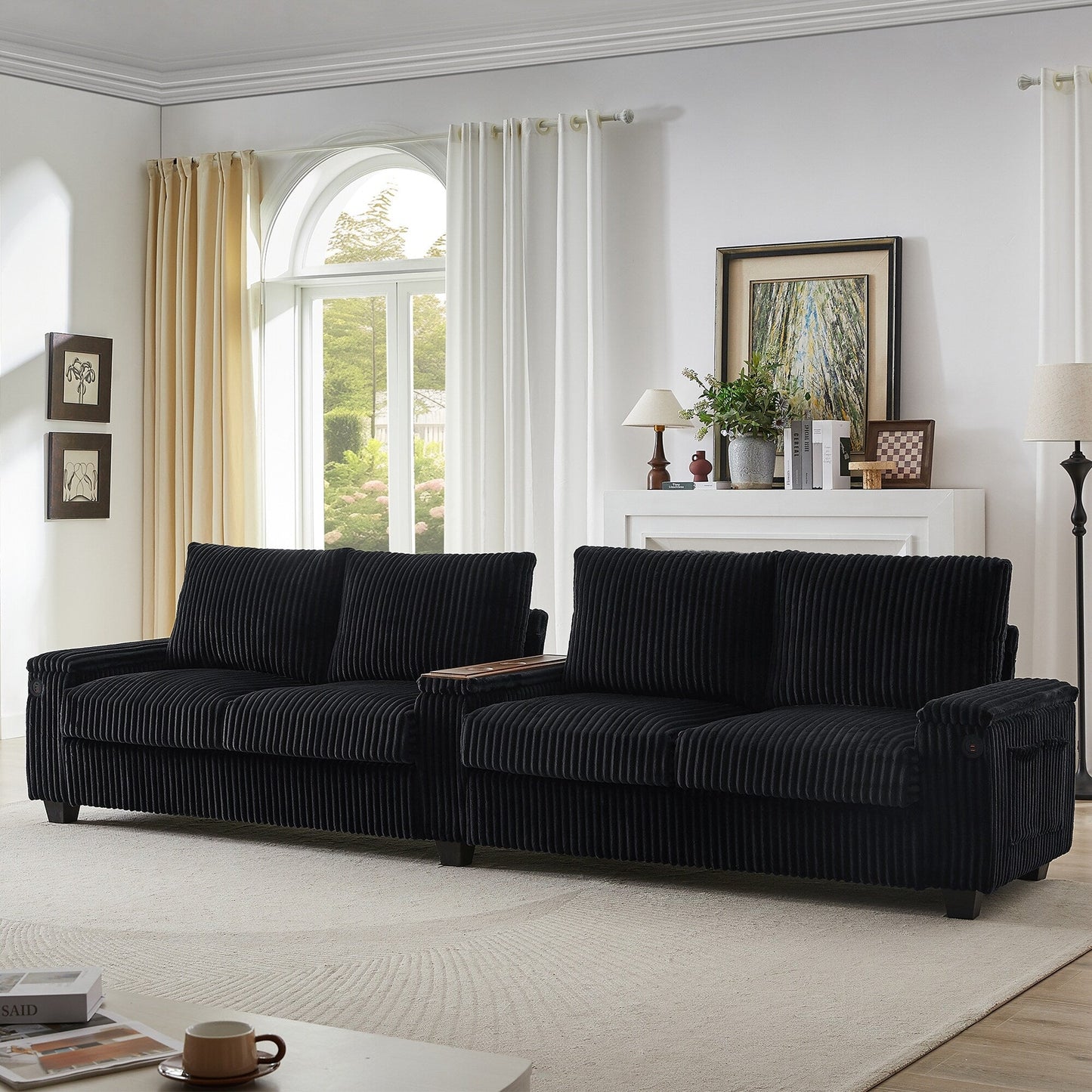 Roomfitters 4-Seater Corduroy Modern Sofa Couch with USB Ports Hidden Storage Arms & Flip-Top Cup Holders for Living Room