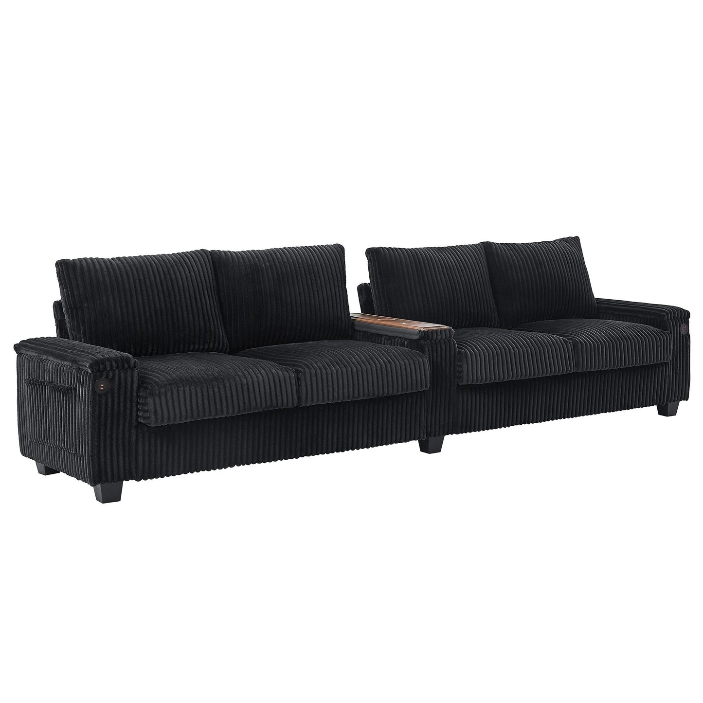 Roomfitters 4-Seater Corduroy Modern Sofa Couch with USB Ports Hidden Storage Arms & Flip-Top Cup Holders for Living Room