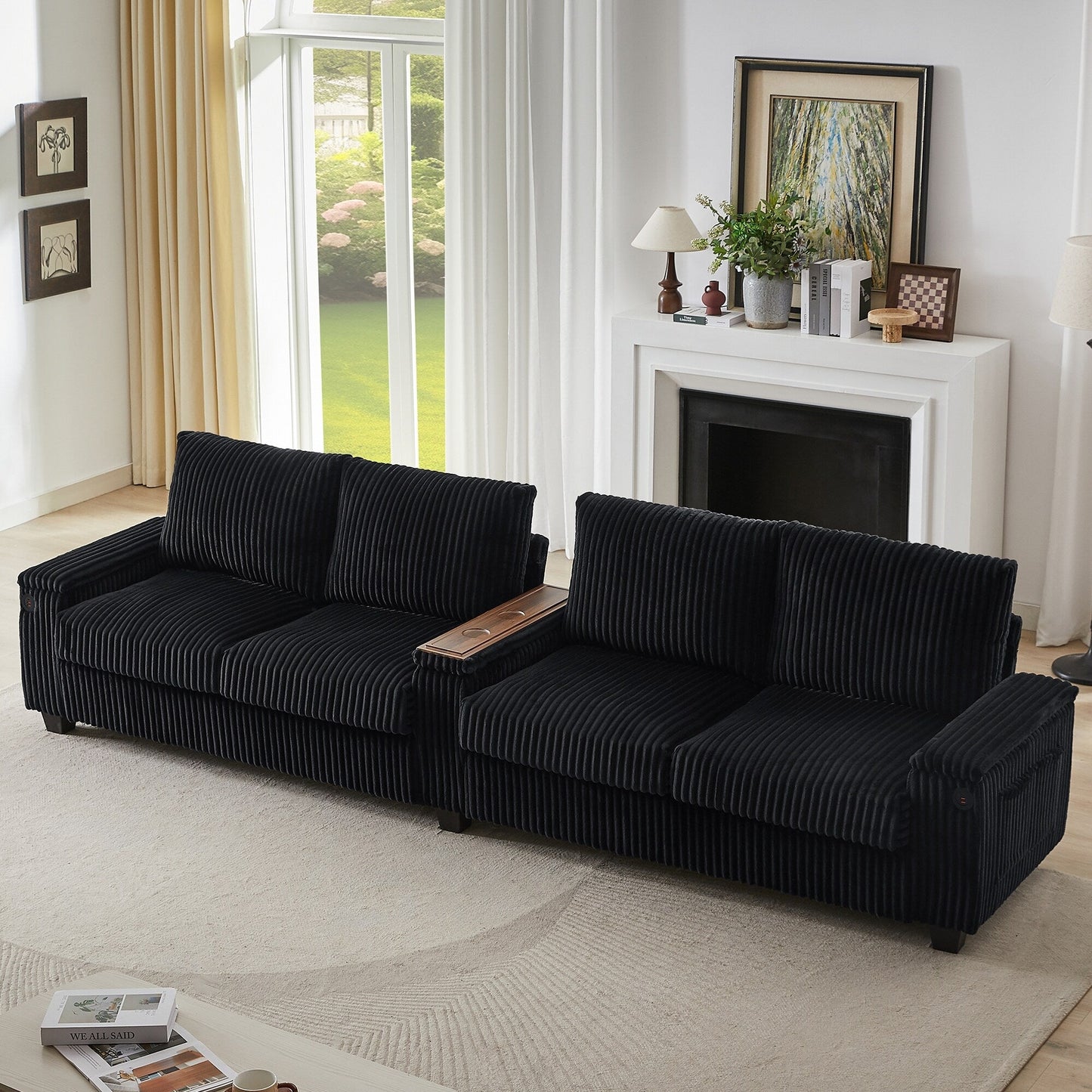 Roomfitters 4-Seater Corduroy Modern Sofa Couch with USB Ports Hidden Storage Arms & Flip-Top Cup Holders for Living Room